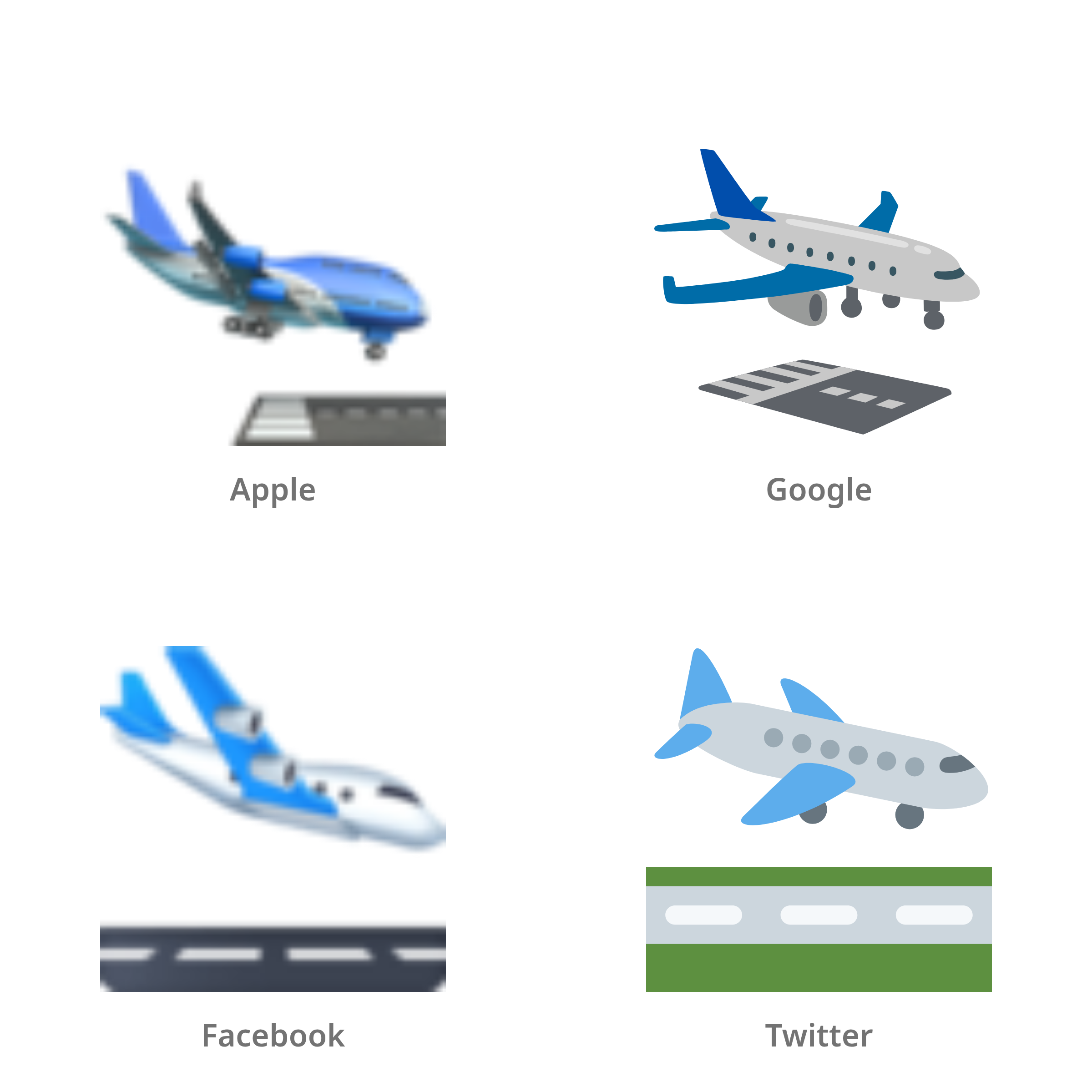 De emoji aankomst van vliegtuig in Apple-, Google-, Facebook- en Twitter-stijl