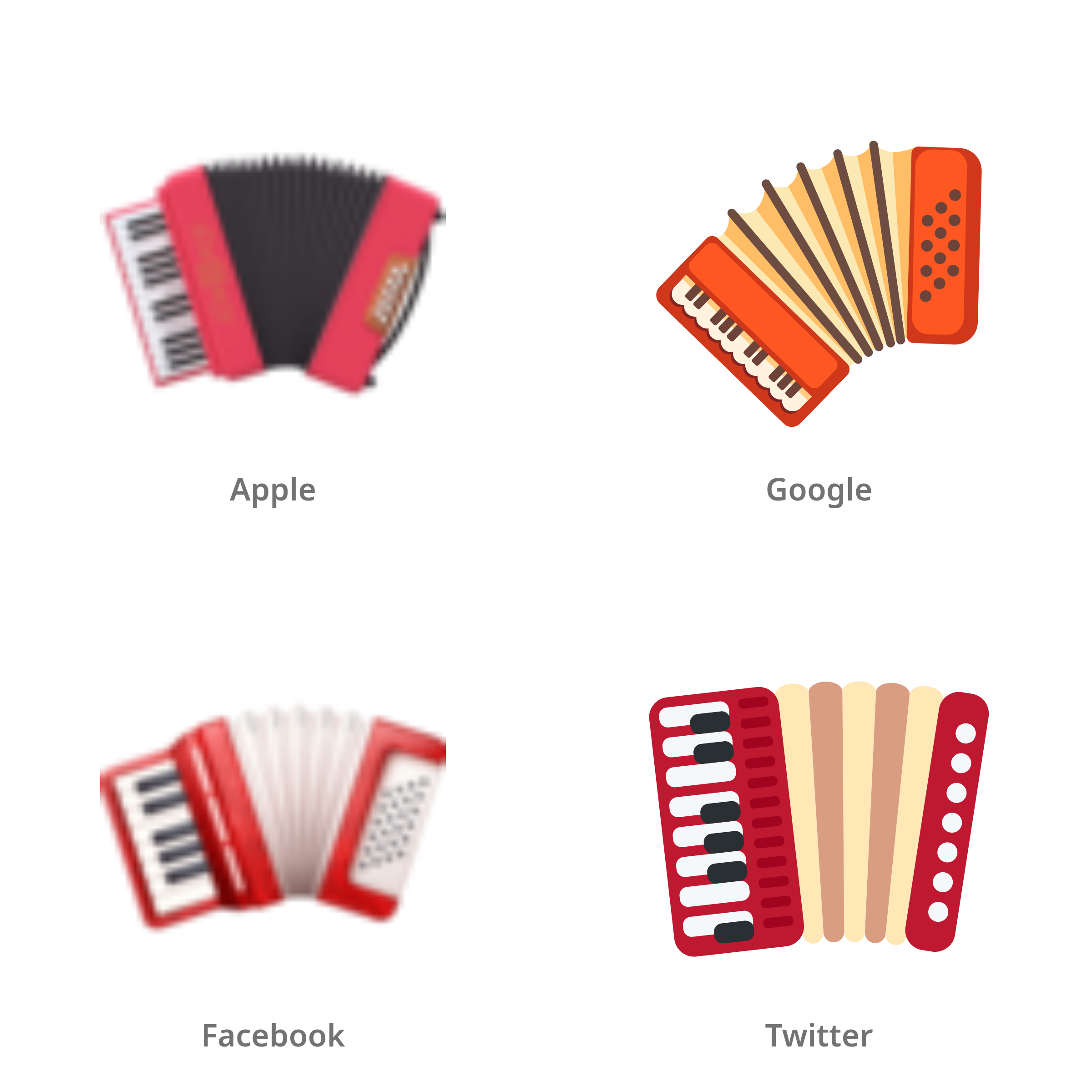 De emoji accordeon in Apple-, Google-, Facebook- en Twitter-stijl