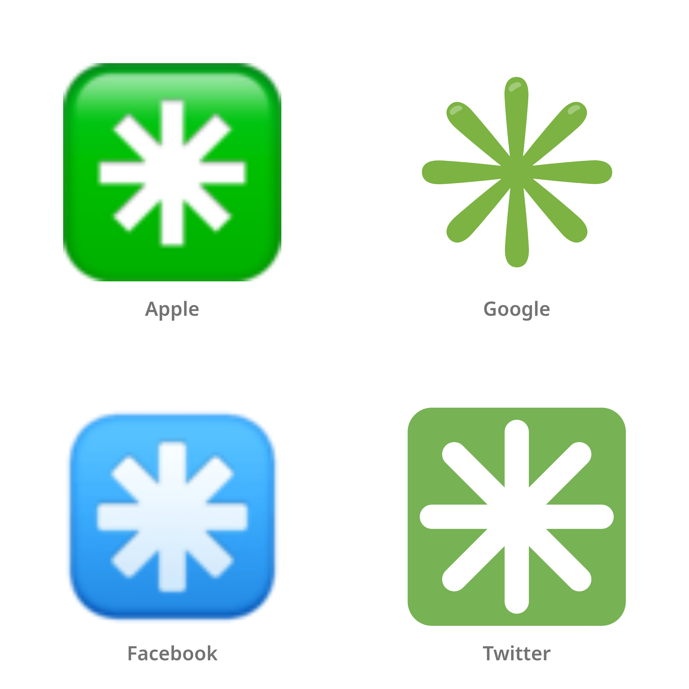 De emoji achtpuntige asterisk in Apple-, Google-, Facebook- en Twitter-stijl