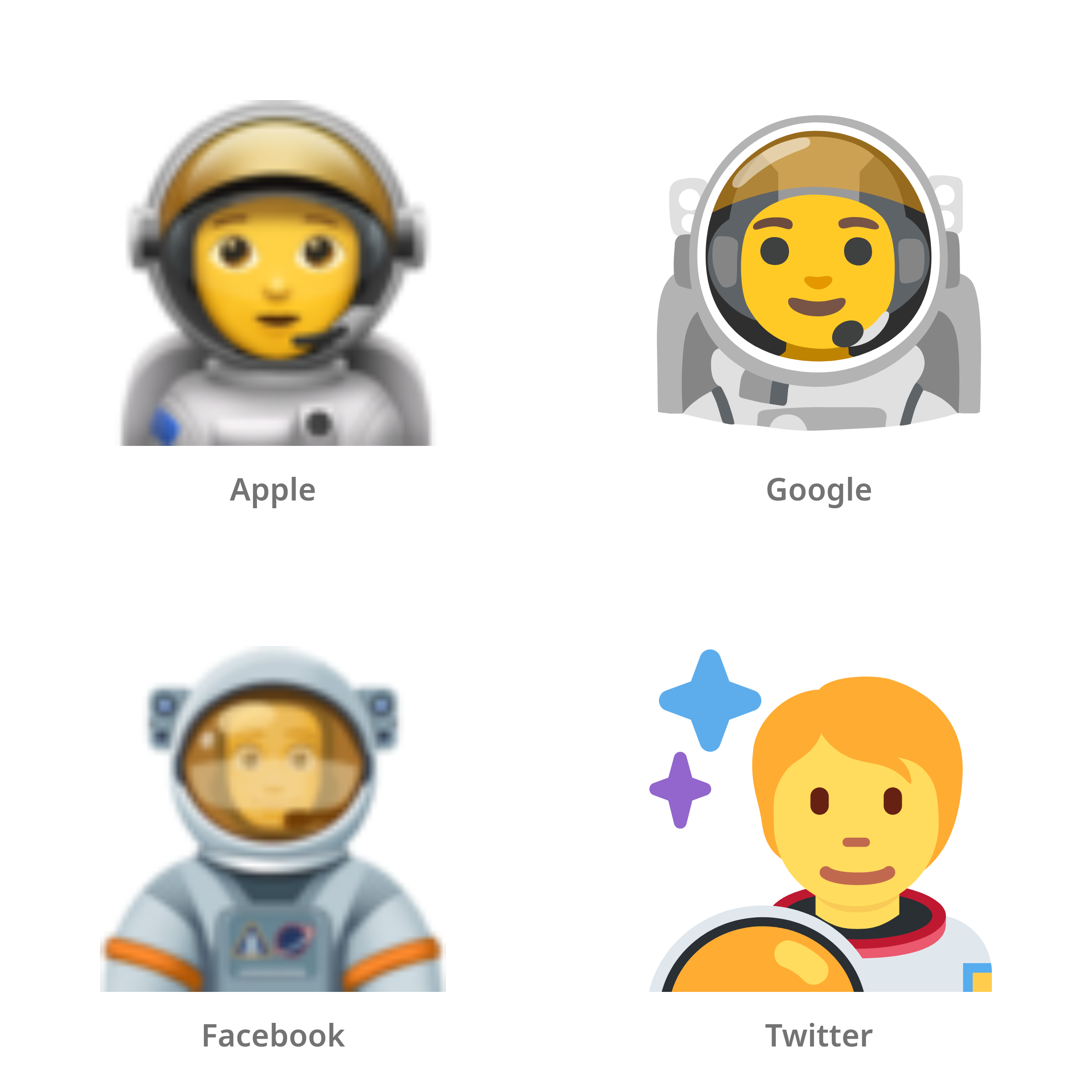 De emoji astronaut in Apple-, Google-, Facebook- en Twitter-stijl