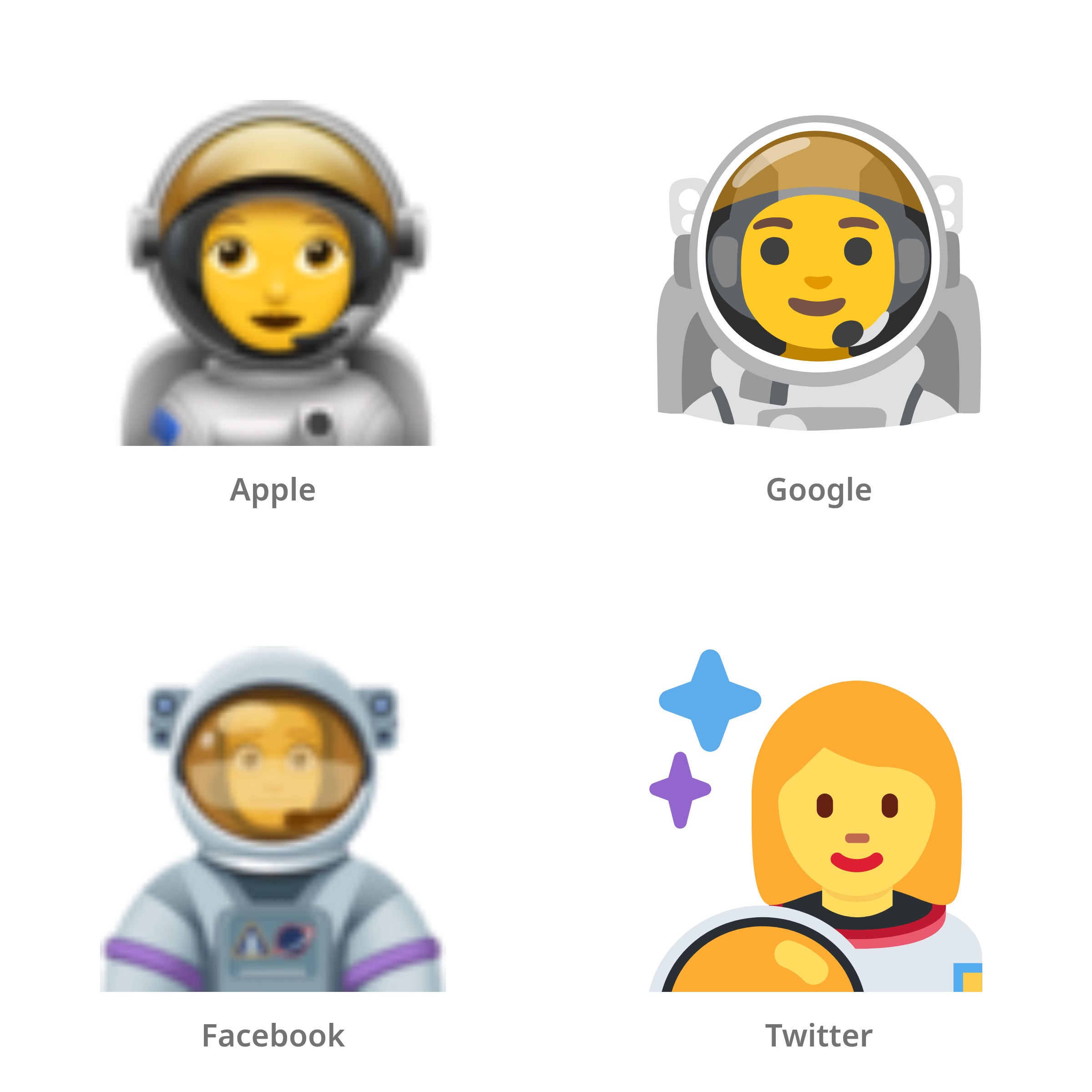 De emoji astronaute in Apple-, Google-, Facebook- en Twitter-stijl