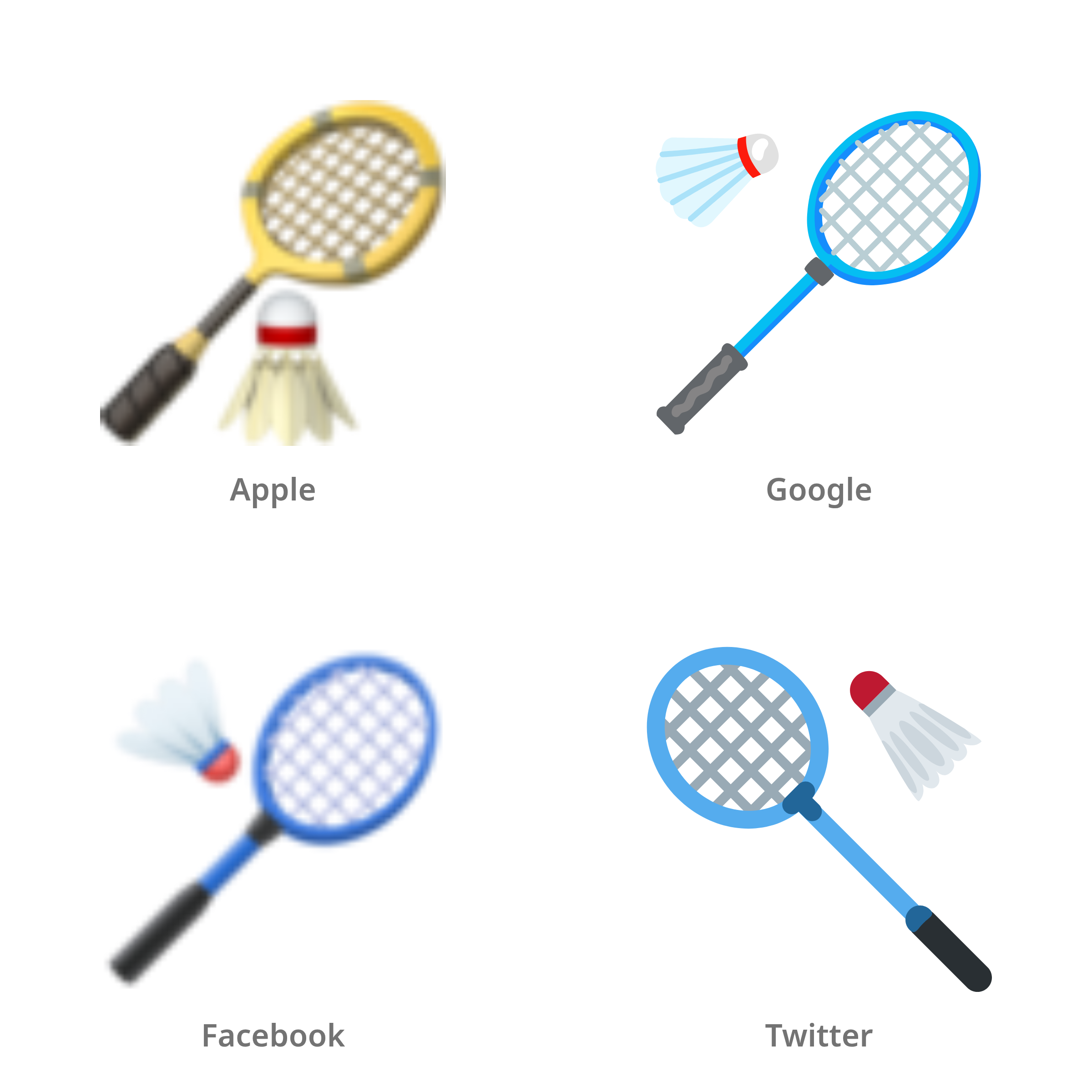 De emoji badminton in Apple-, Google-, Facebook- en Twitter-stijl