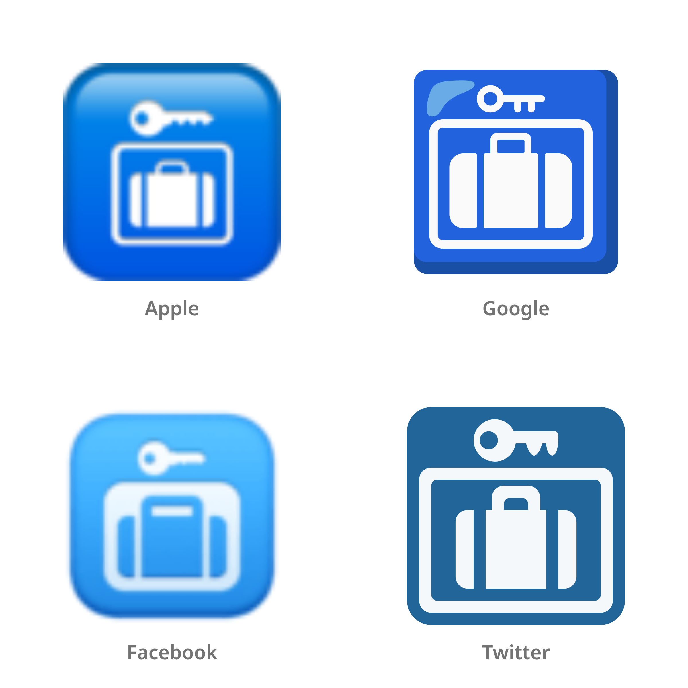 De emoji bagagekluis in Apple-, Google-, Facebook- en Twitter-stijl