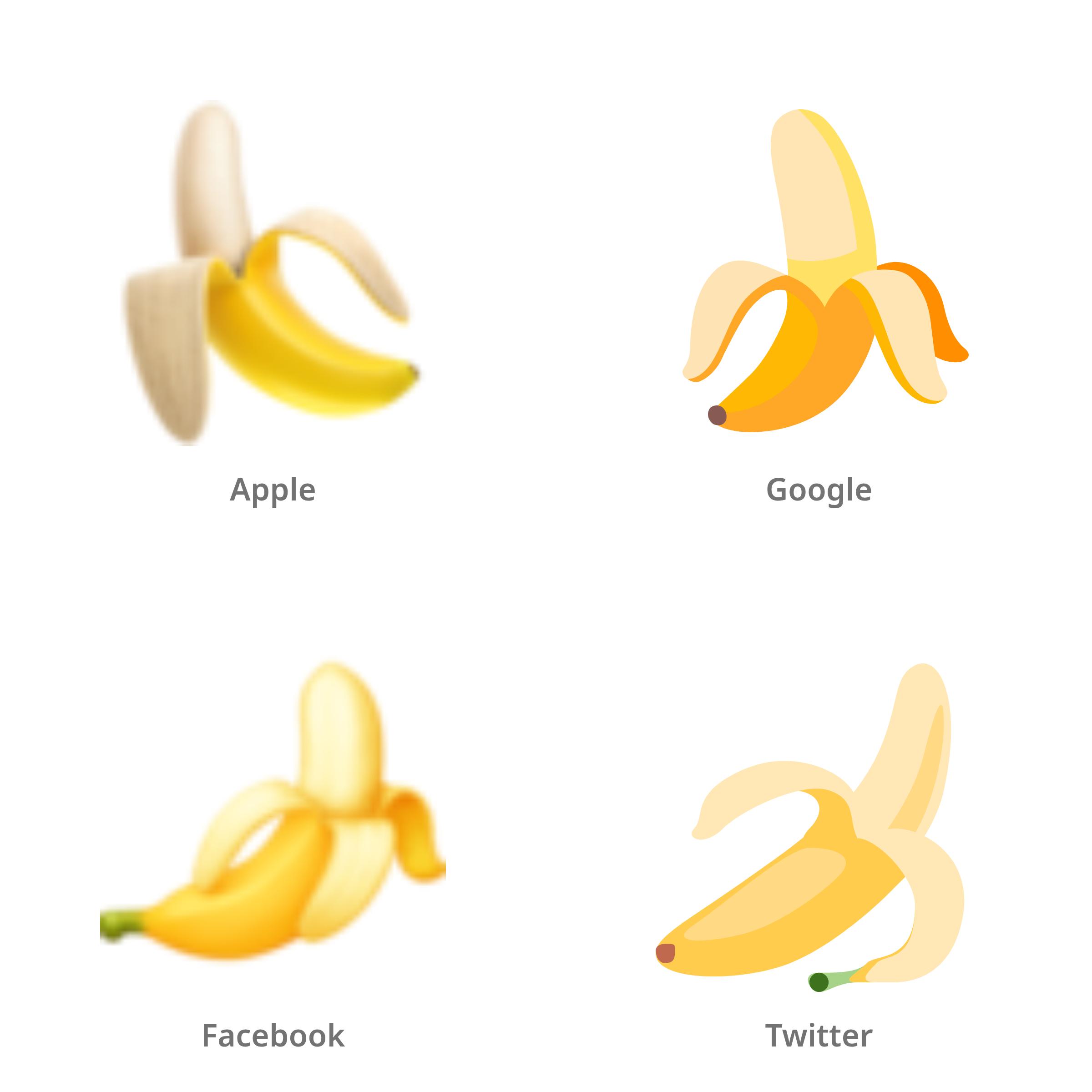 De emoji banaan in Apple-, Google-, Facebook- en Twitter-stijl