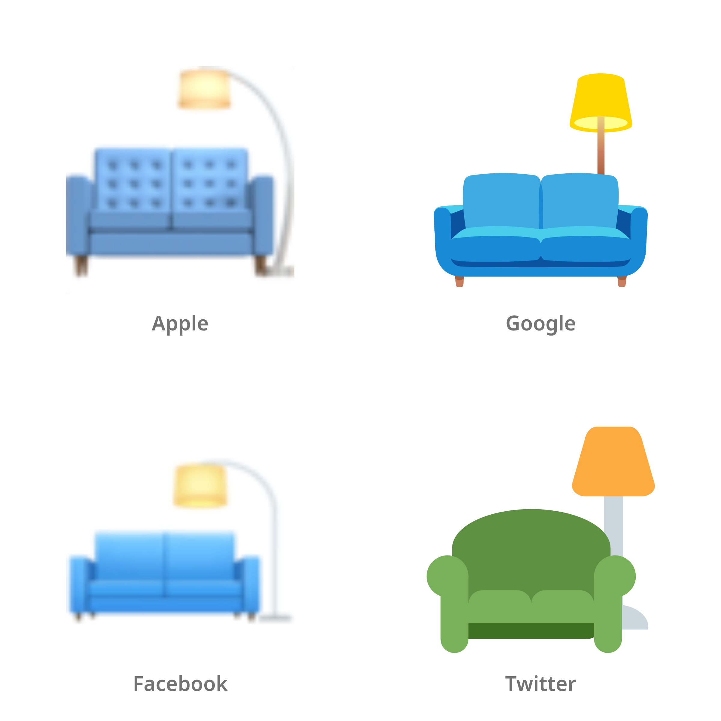 De emoji bank en lamp in Apple-, Google-, Facebook- en Twitter-stijl
