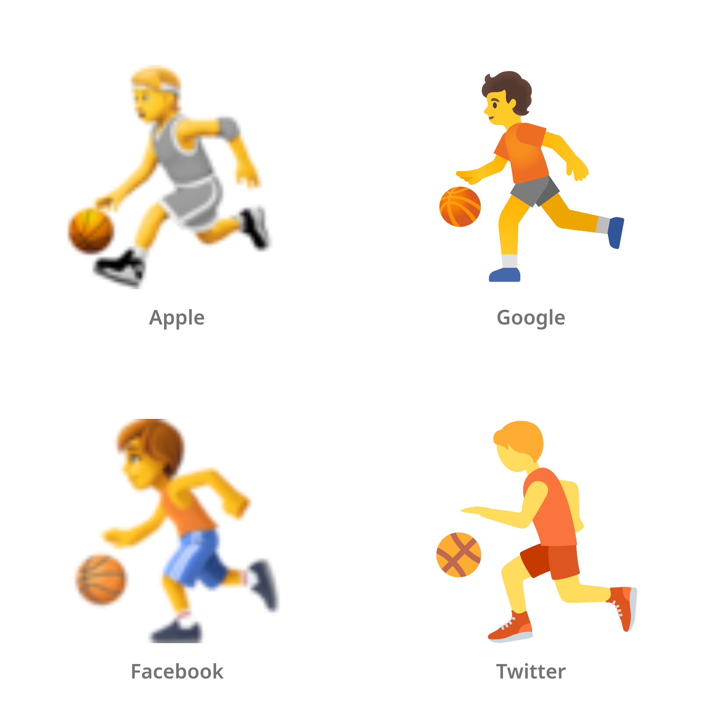 De emoji basketbalspeler in Apple-, Google-, Facebook- en Twitter-stijl