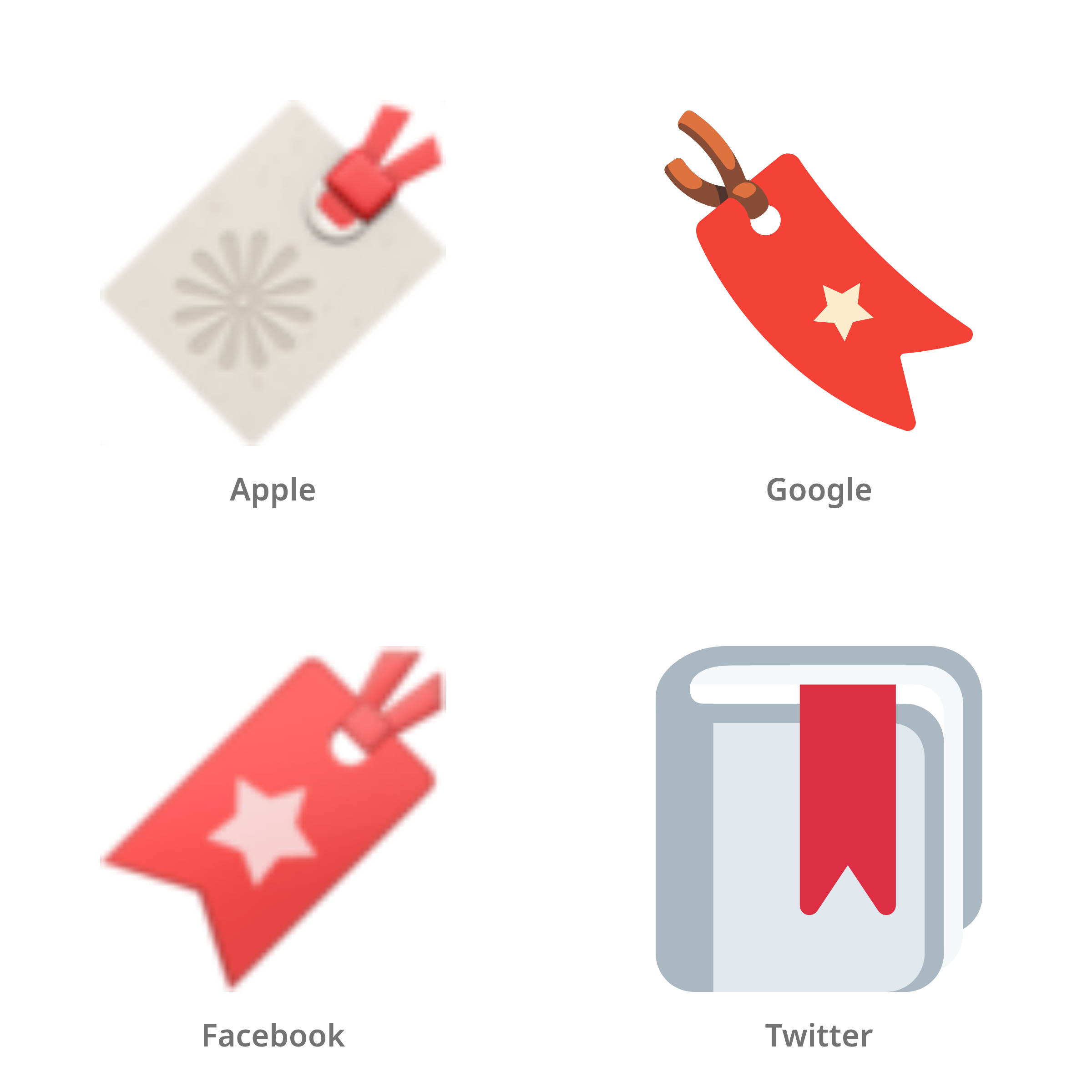 De emoji bladwijzer in Apple-, Google-, Facebook- en Twitter-stijl