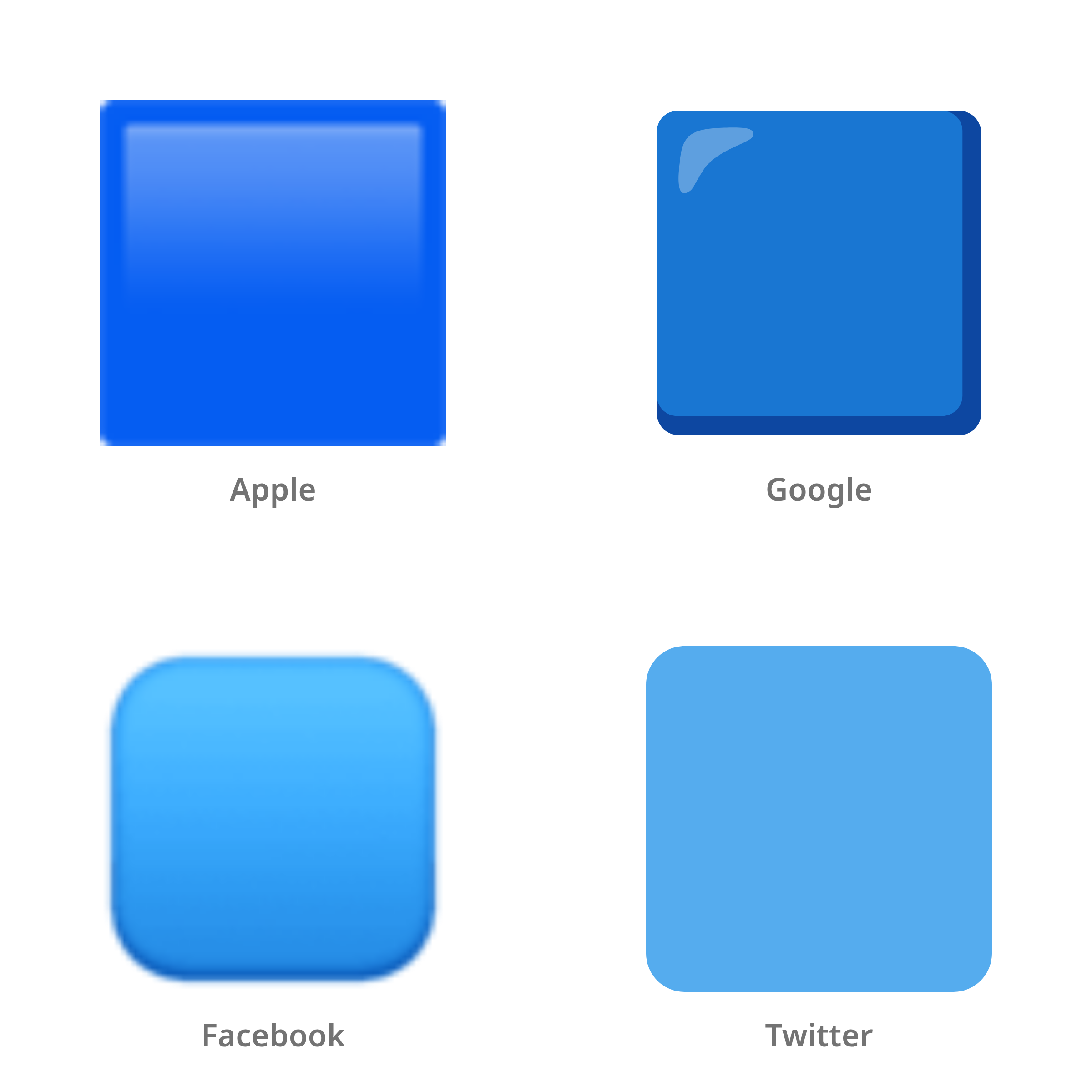 De emoji blauw vierkant in Apple-, Google-, Facebook- en Twitter-stijl