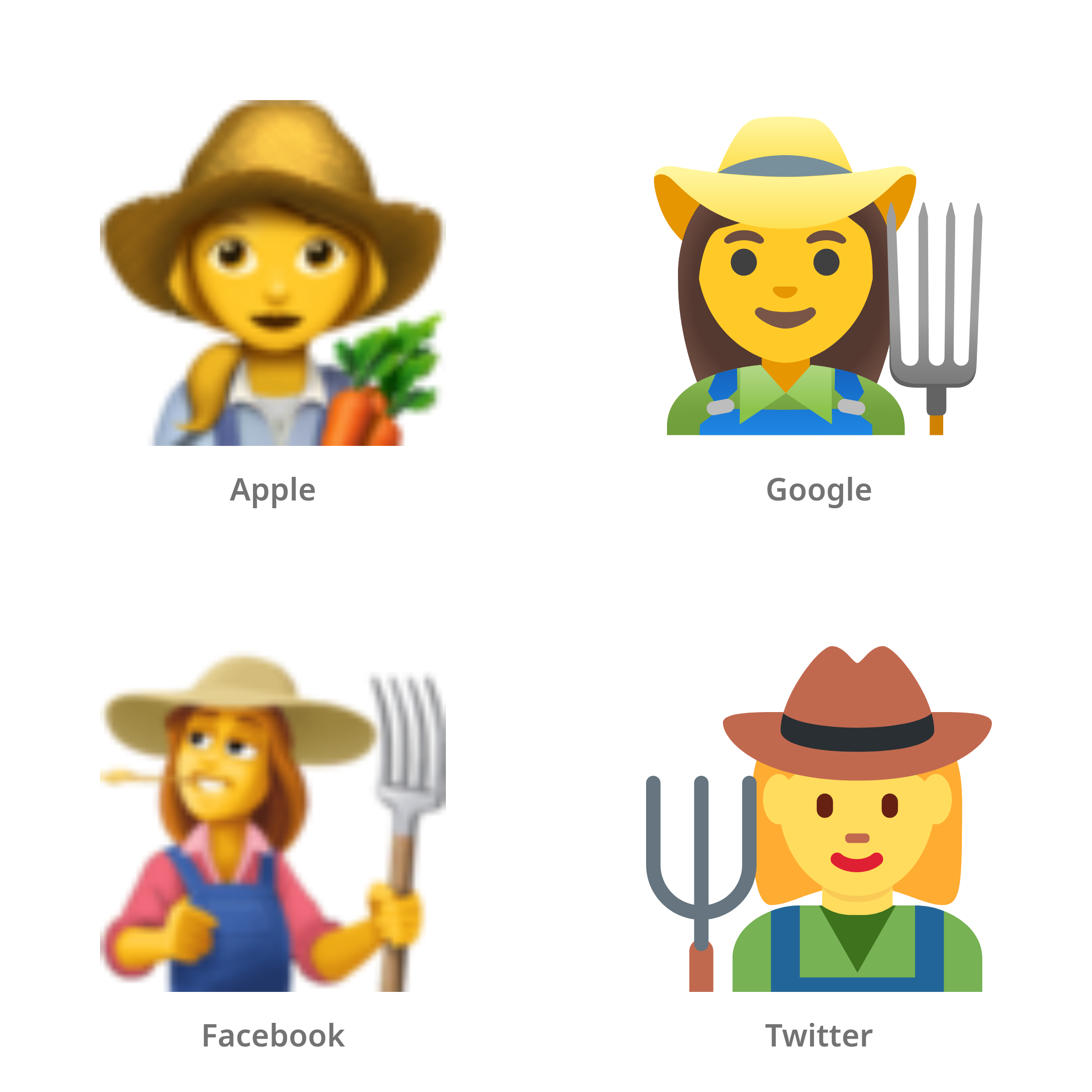 De emoji boerin in Apple-, Google-, Facebook- en Twitter-stijl