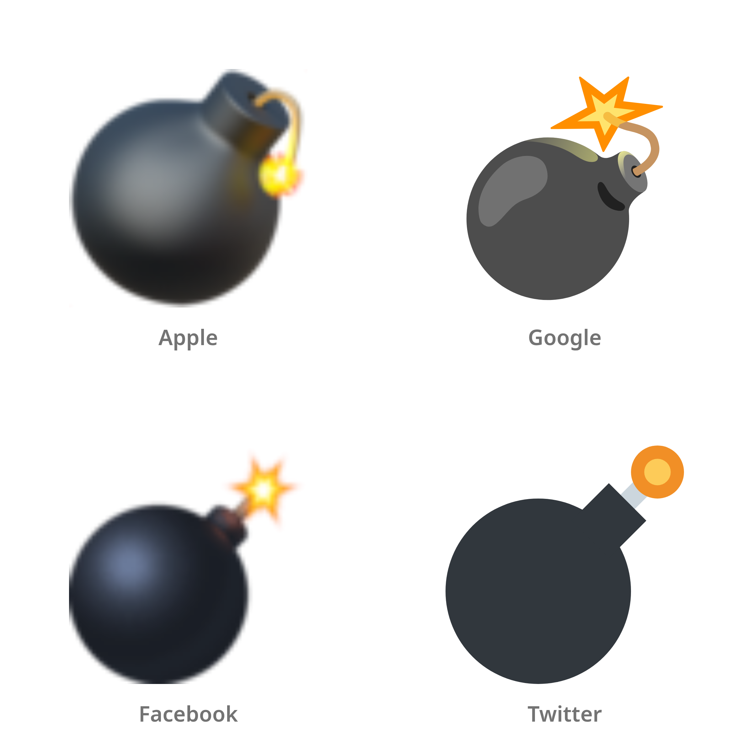 De emoji bom in Apple-, Google-, Facebook- en Twitter-stijl