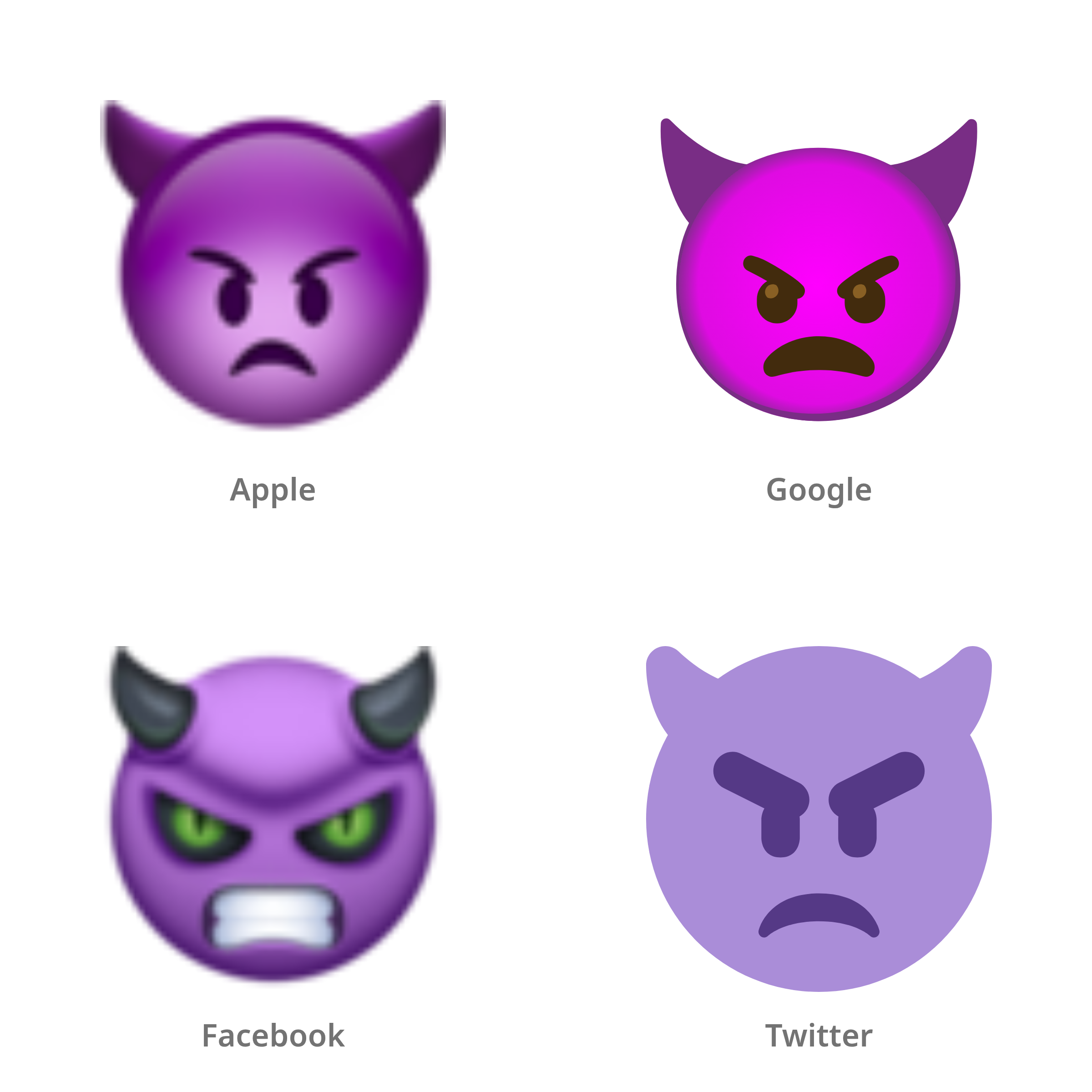De emoji boos gezicht met hoorns in Apple-, Google-, Facebook- en Twitter-stijl