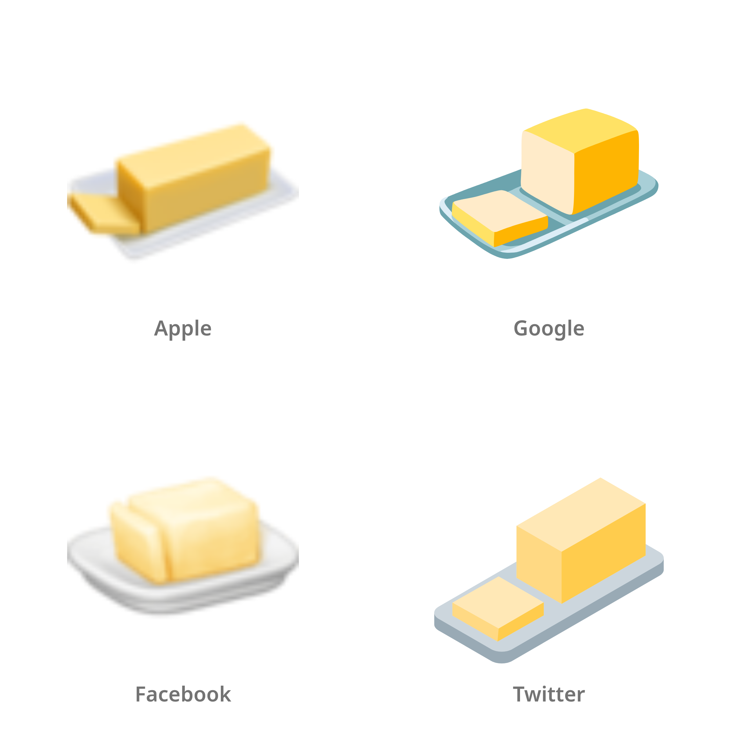 De emoji boter in Apple-, Google-, Facebook- en Twitter-stijl