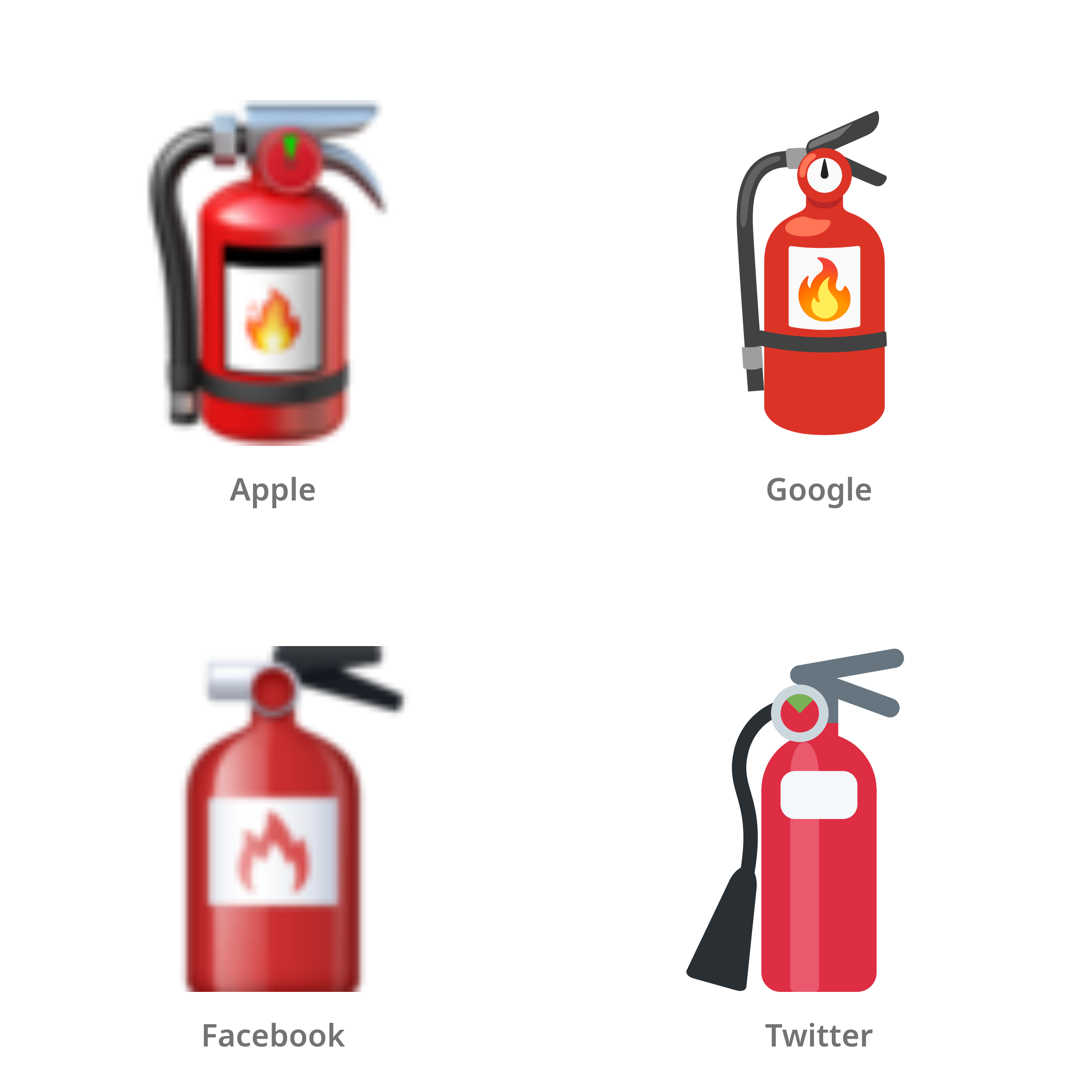 De emoji brandblusapparaat in Apple-, Google-, Facebook- en Twitter-stijl