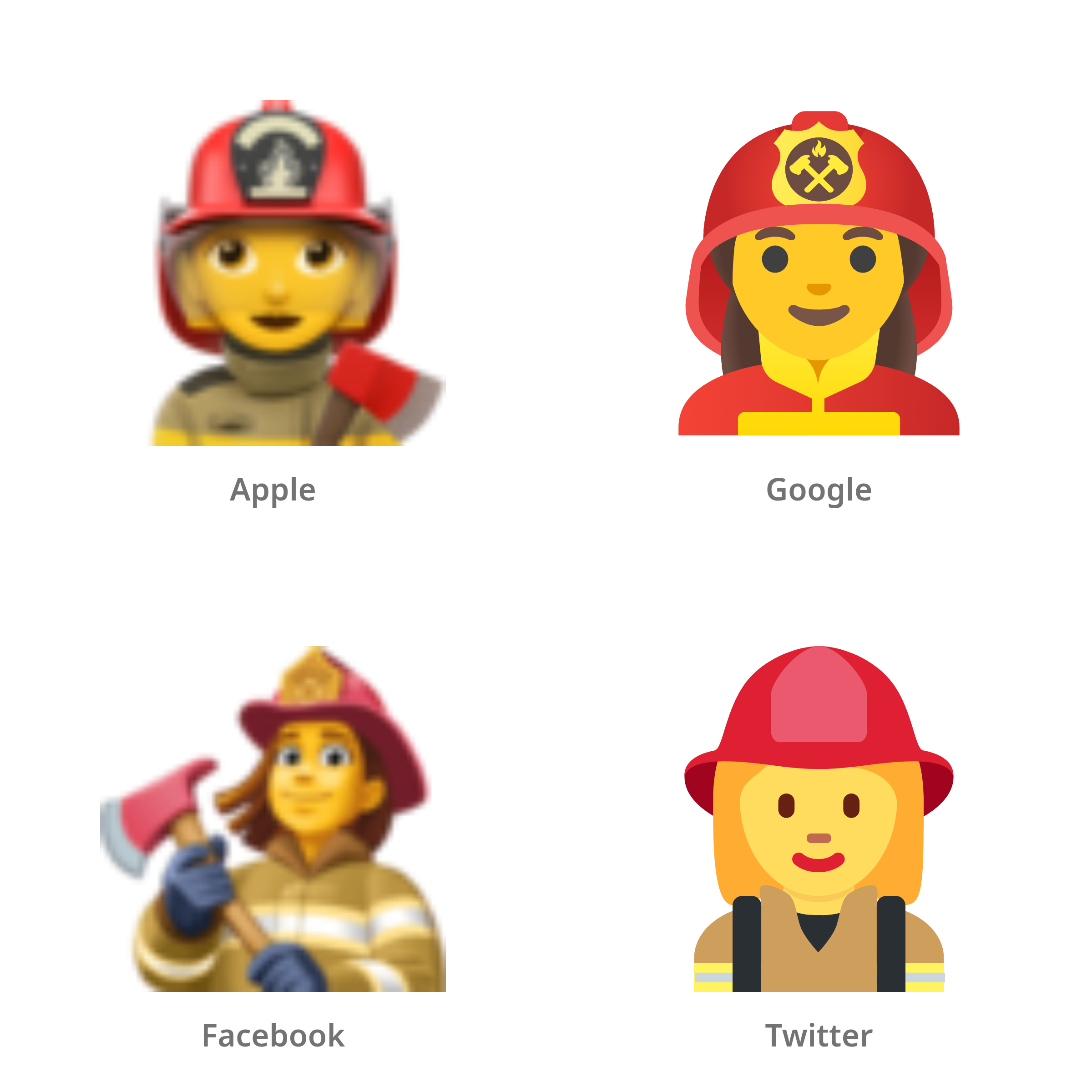 De emoji brandweervrouw in Apple-, Google-, Facebook- en Twitter-stijl