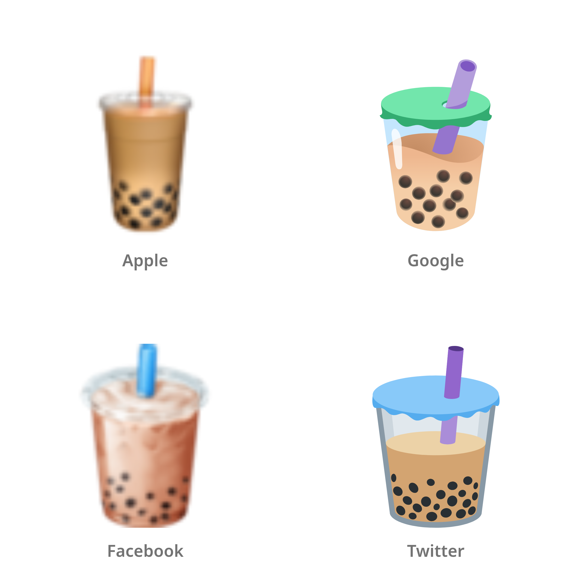De emoji bubbelthee in Apple-, Google-, Facebook- en Twitter-stijl