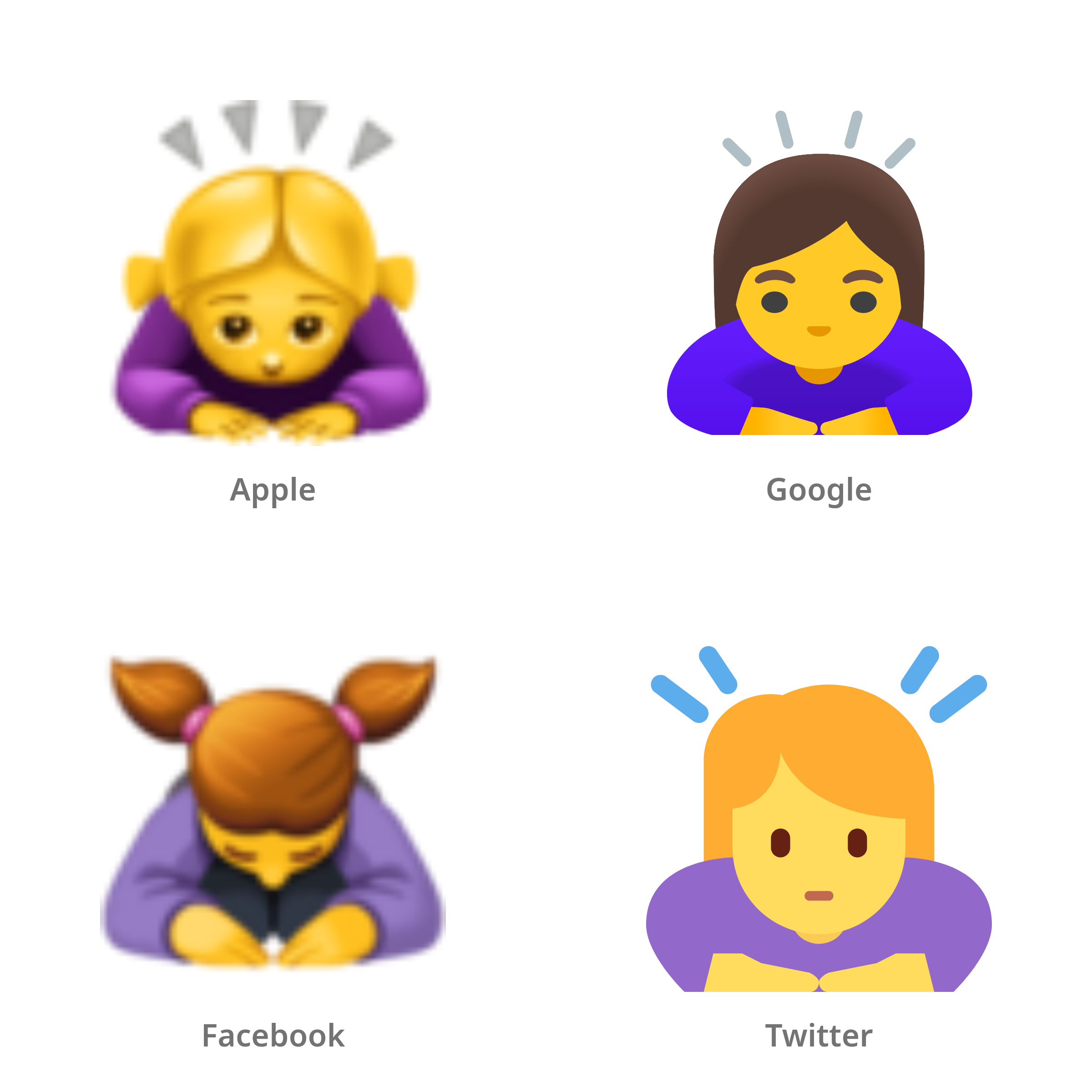 De emoji buigende vrouw in Apple-, Google-, Facebook- en Twitter-stijl