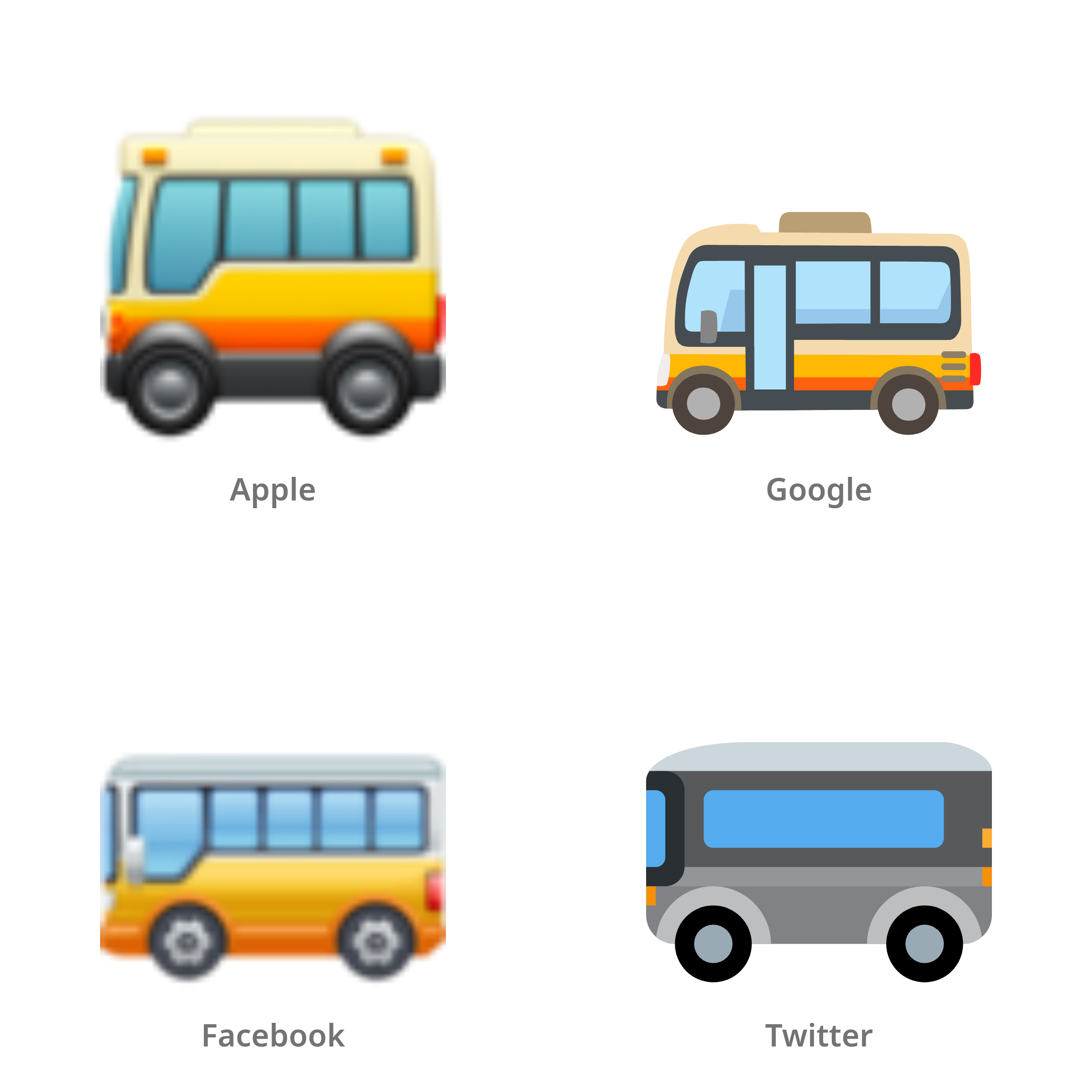De emoji bus in Apple-, Google-, Facebook- en Twitter-stijl