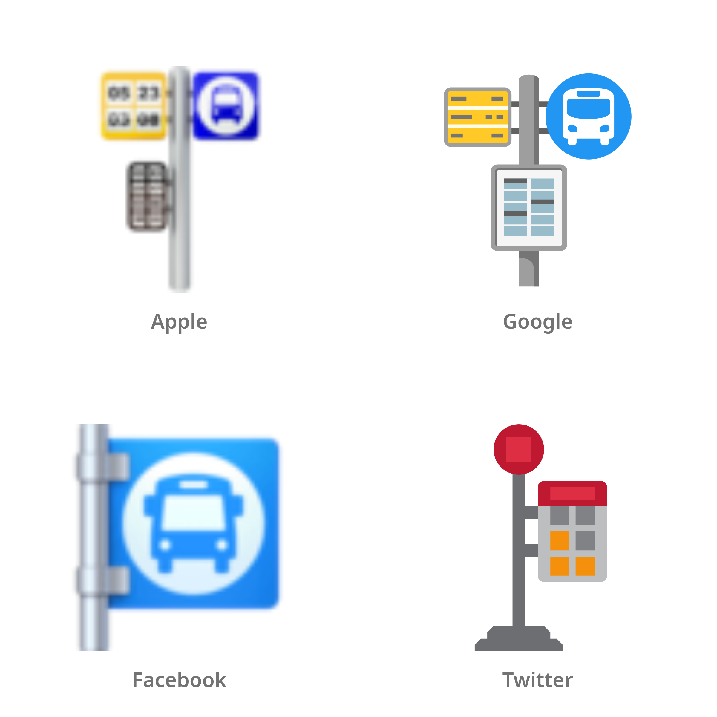 De emoji bushalte in Apple-, Google-, Facebook- en Twitter-stijl