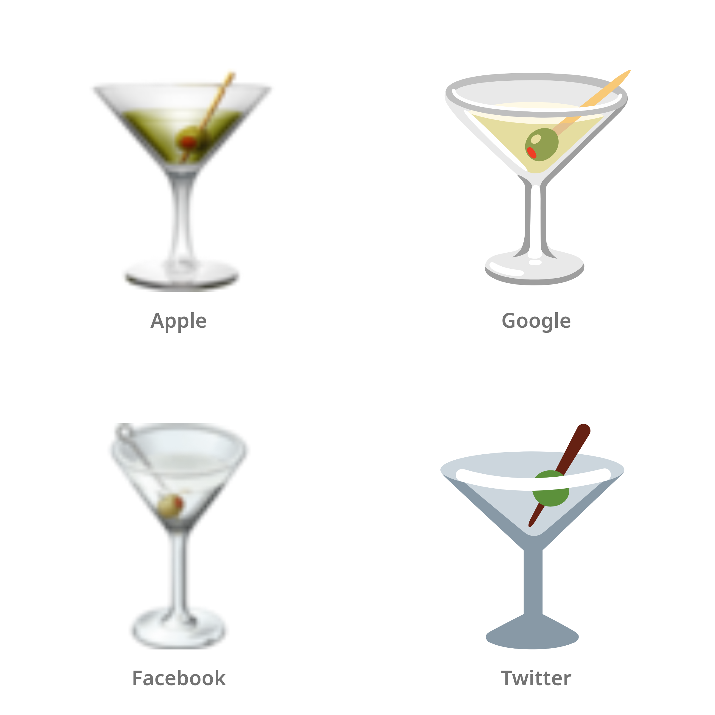 De emoji cocktailglas in Apple-, Google-, Facebook- en Twitter-stijl