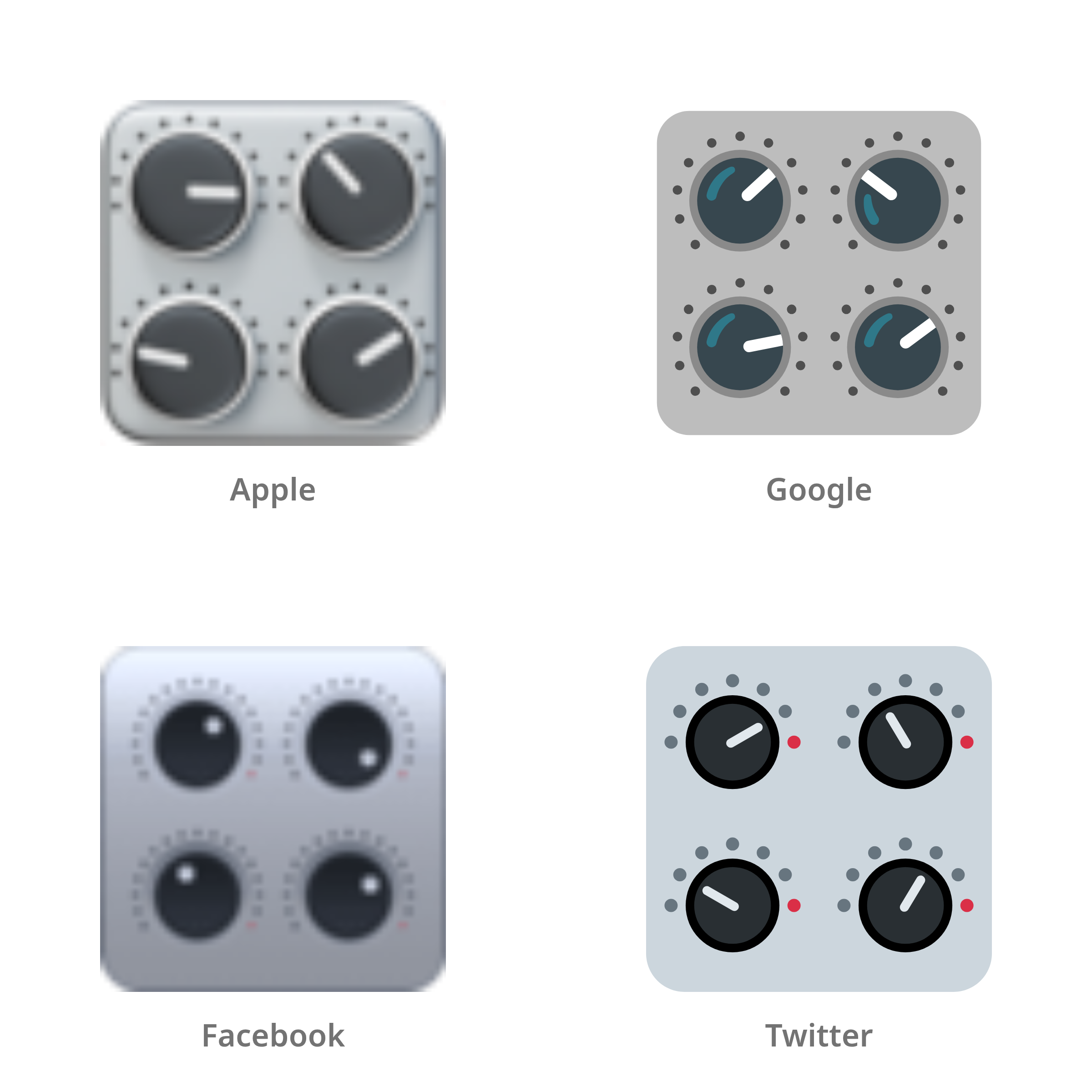 De emoji controleknoppen in Apple-, Google-, Facebook- en Twitter-stijl