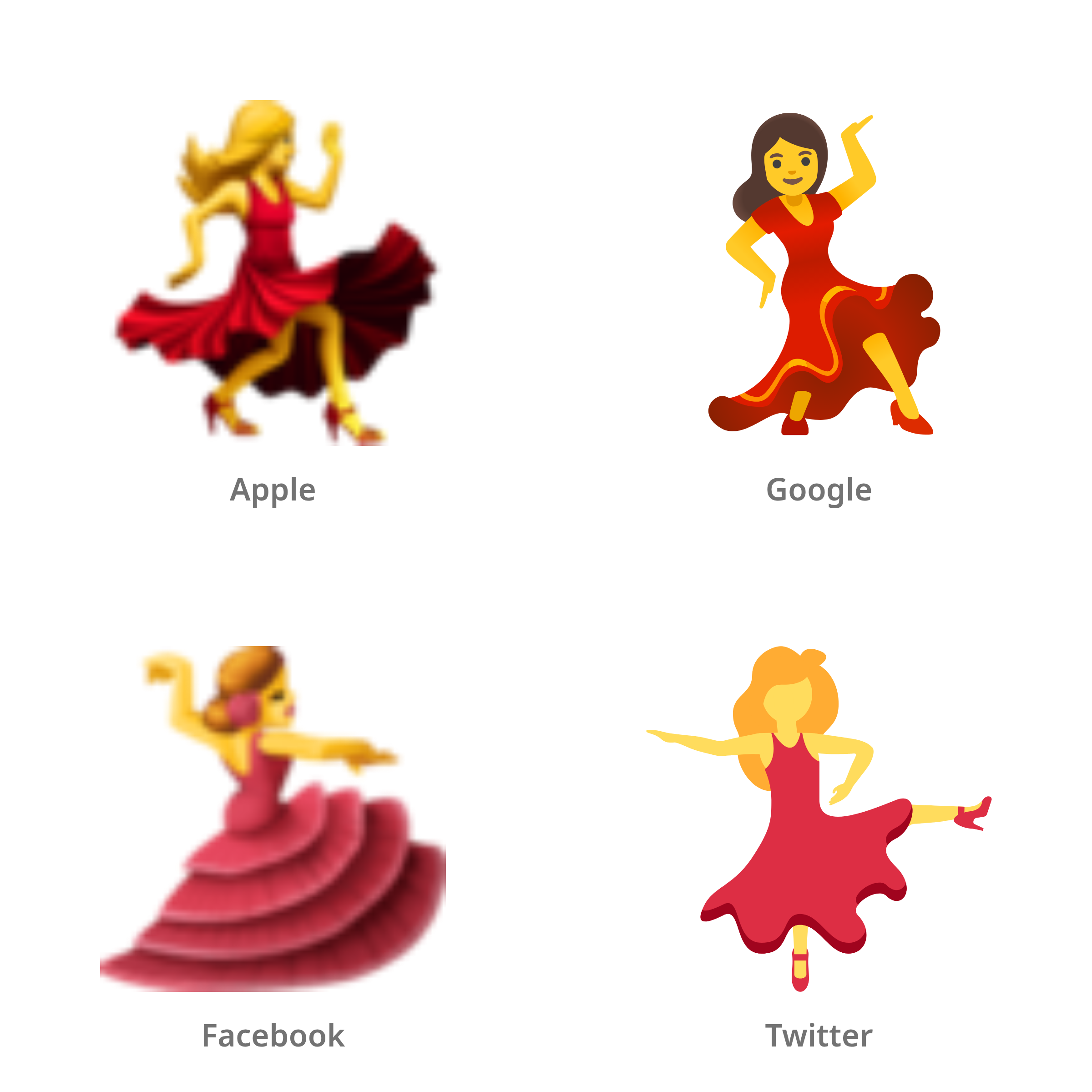 De emoji dansende vrouw in Apple-, Google-, Facebook- en Twitter-stijl