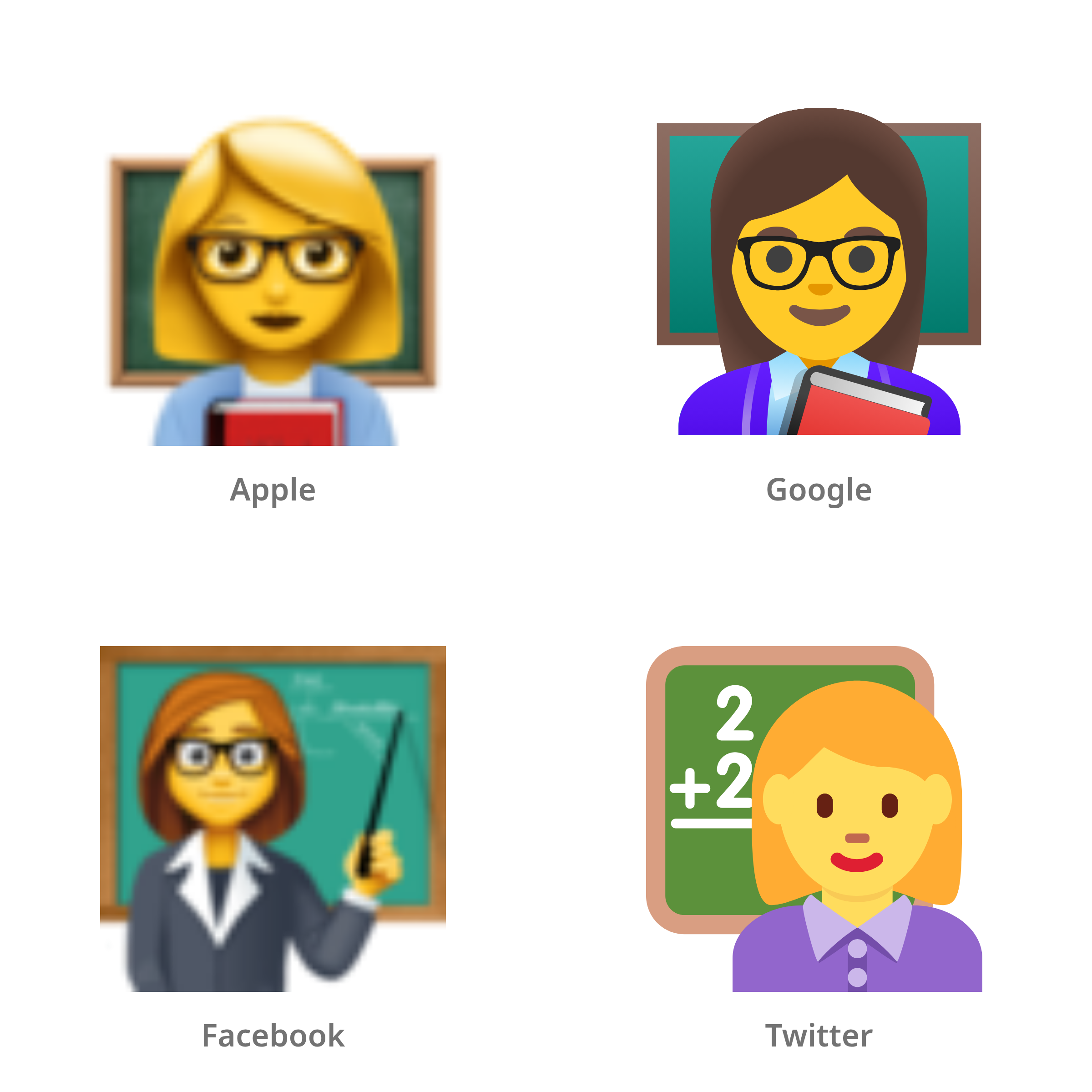 De emoji docente in Apple-, Google-, Facebook- en Twitter-stijl