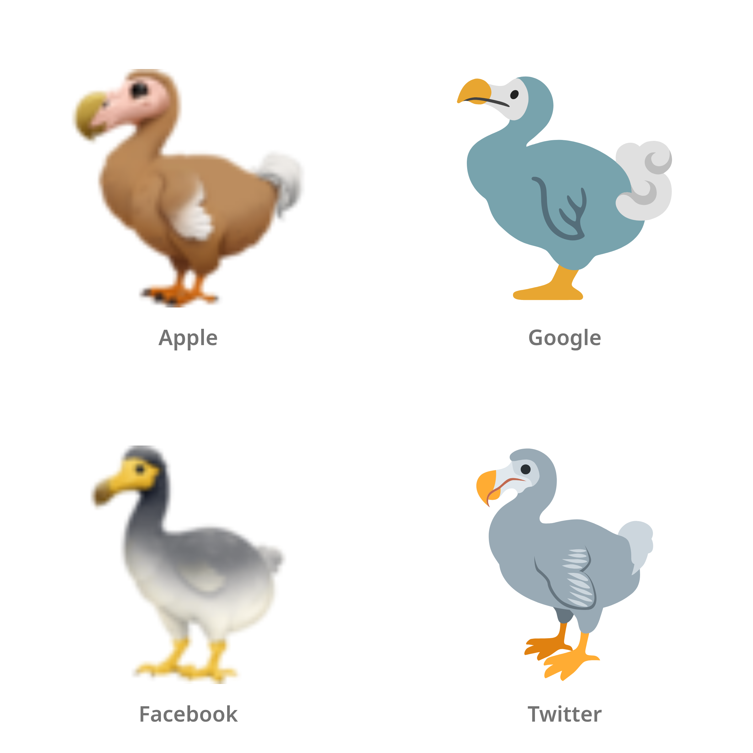 De emoji dodo in Apple-, Google-, Facebook- en Twitter-stijl