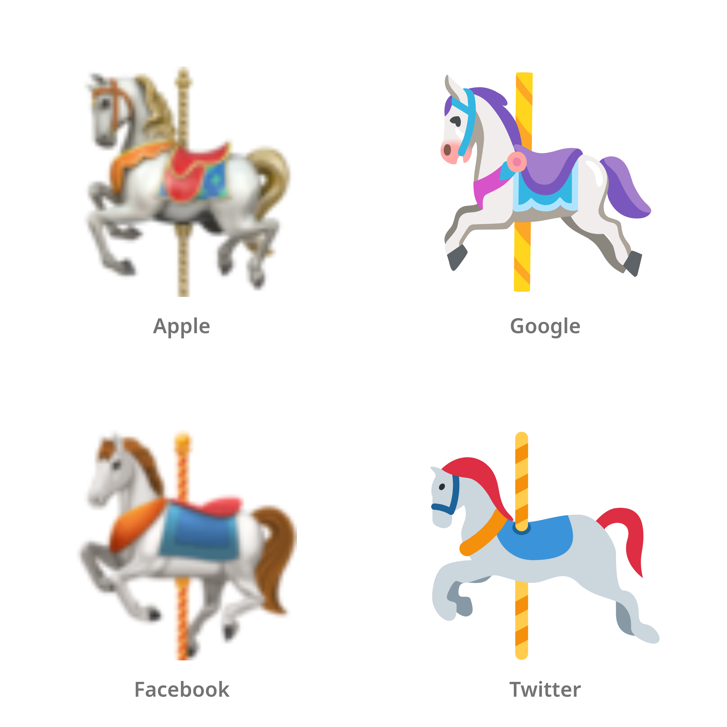 De emoji draaimolenpaard in Apple-, Google-, Facebook- en Twitter-stijl