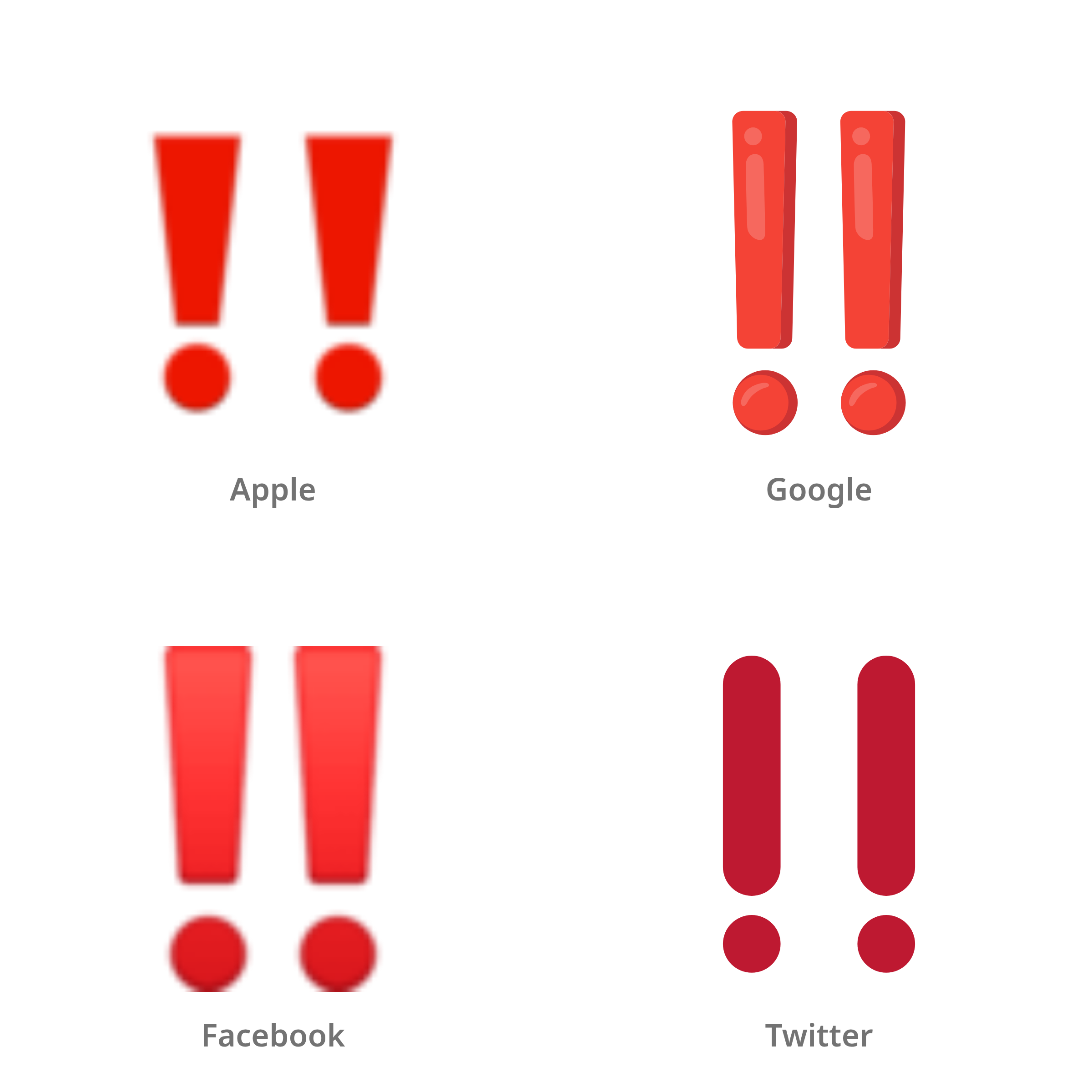 De emoji dubbel uitroepteken in Apple-, Google-, Facebook- en Twitter-stijl
