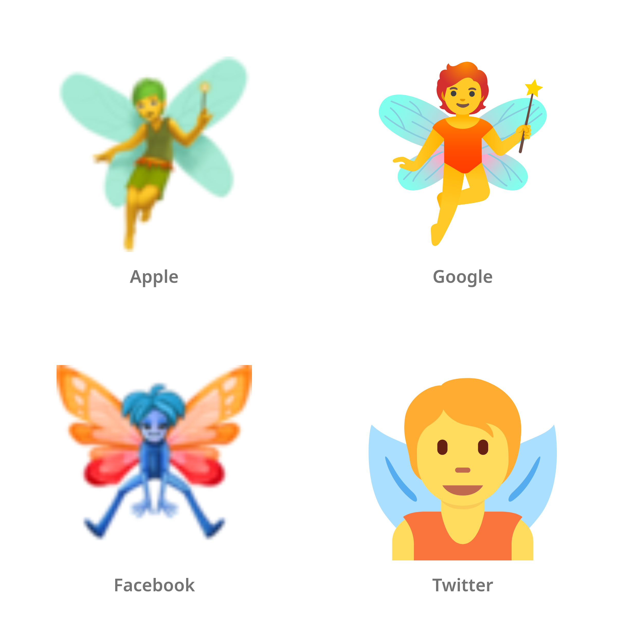 De emoji elfje in Apple-, Google-, Facebook- en Twitter-stijl