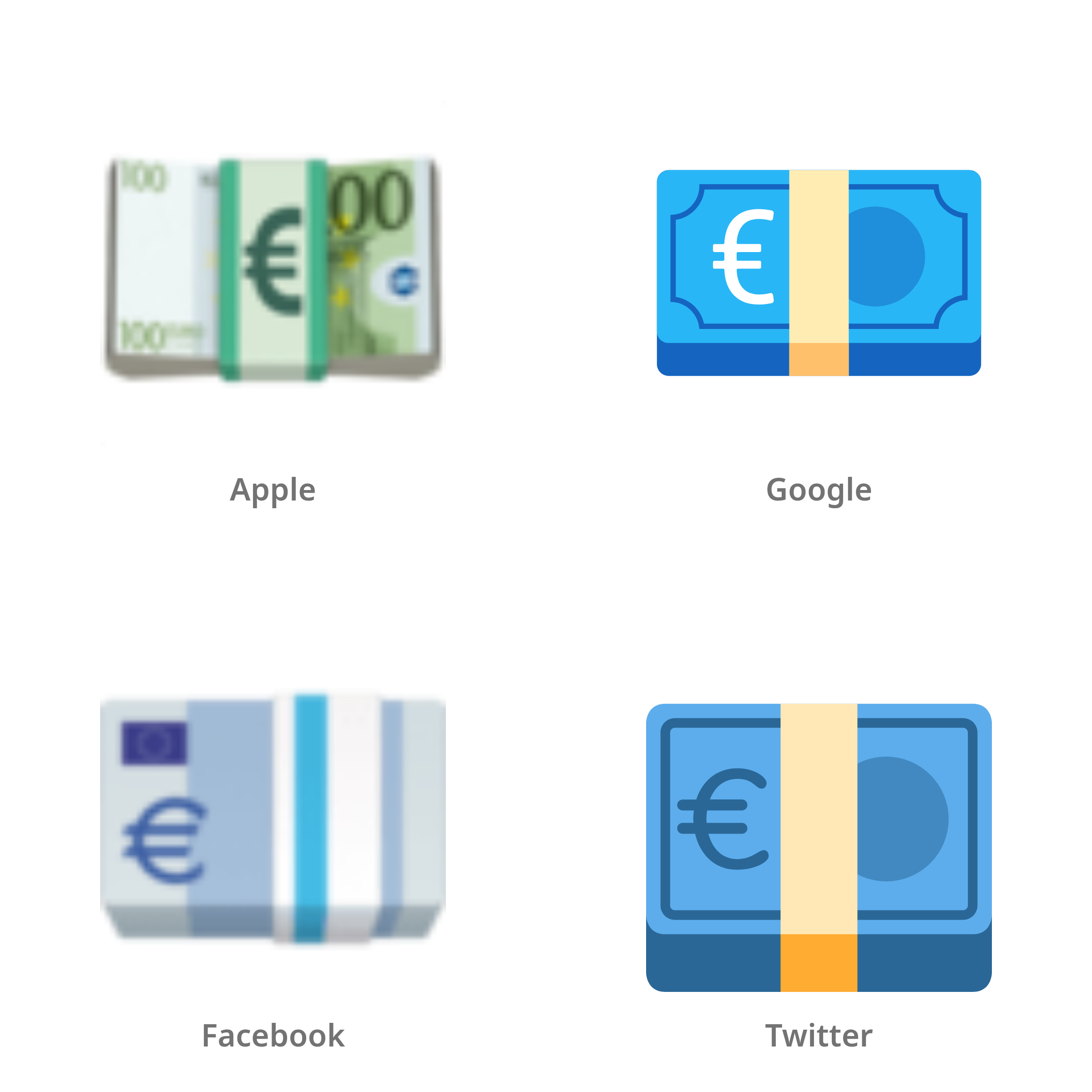 De emoji eurobiljet in Apple-, Google-, Facebook- en Twitter-stijl