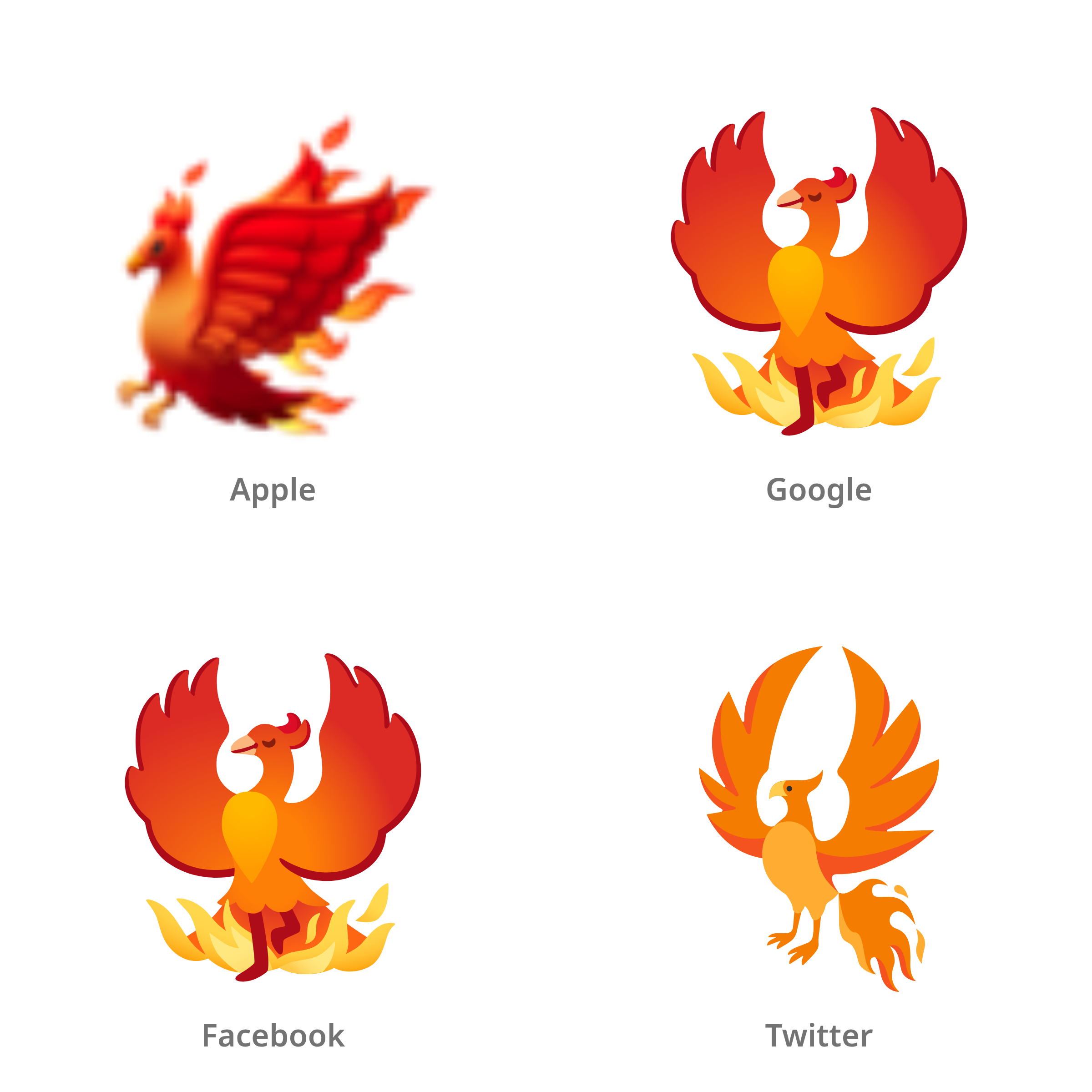 De emoji feniks in Apple-, Google-, Facebook- en Twitter-stijl