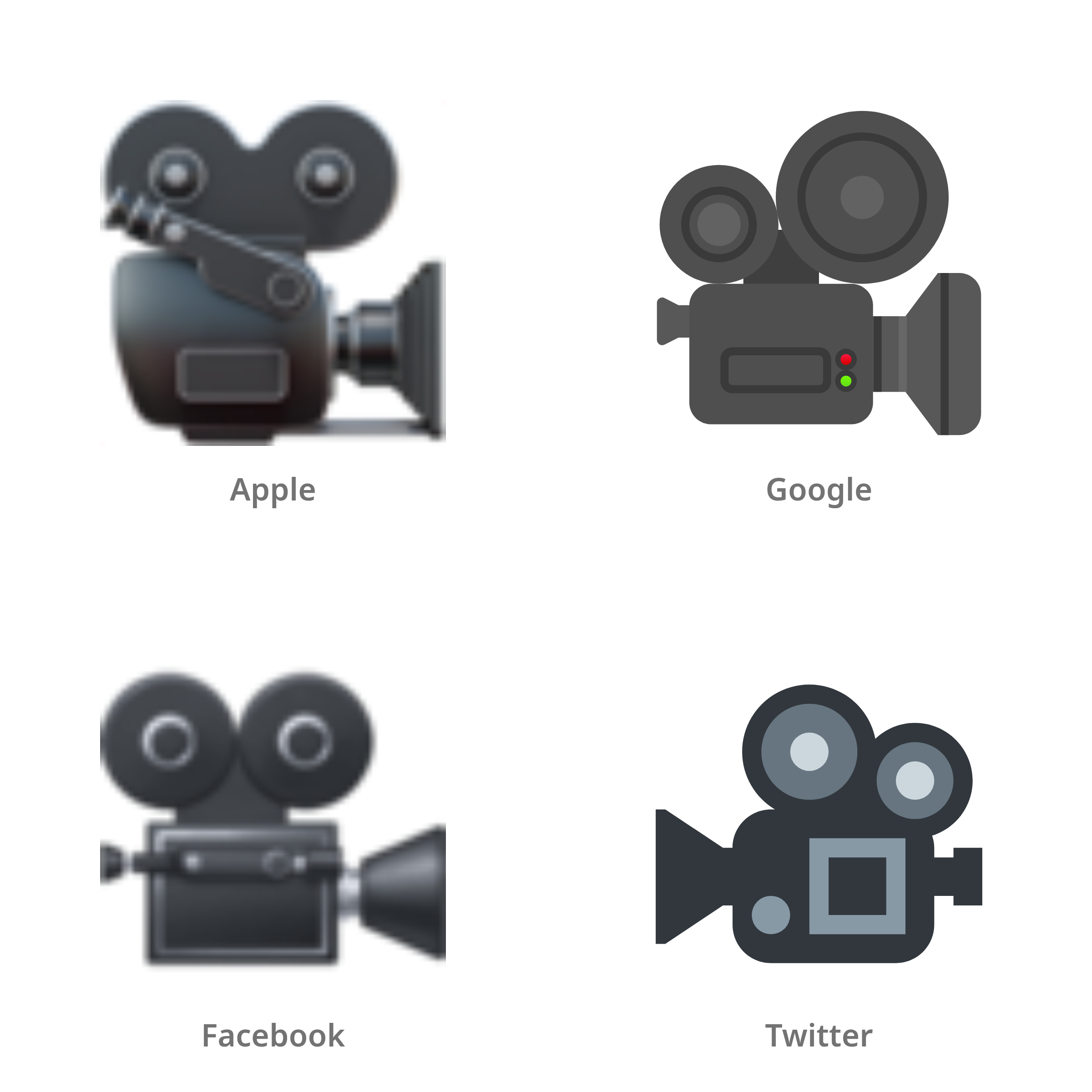 De emoji filmcamera in Apple-, Google-, Facebook- en Twitter-stijl