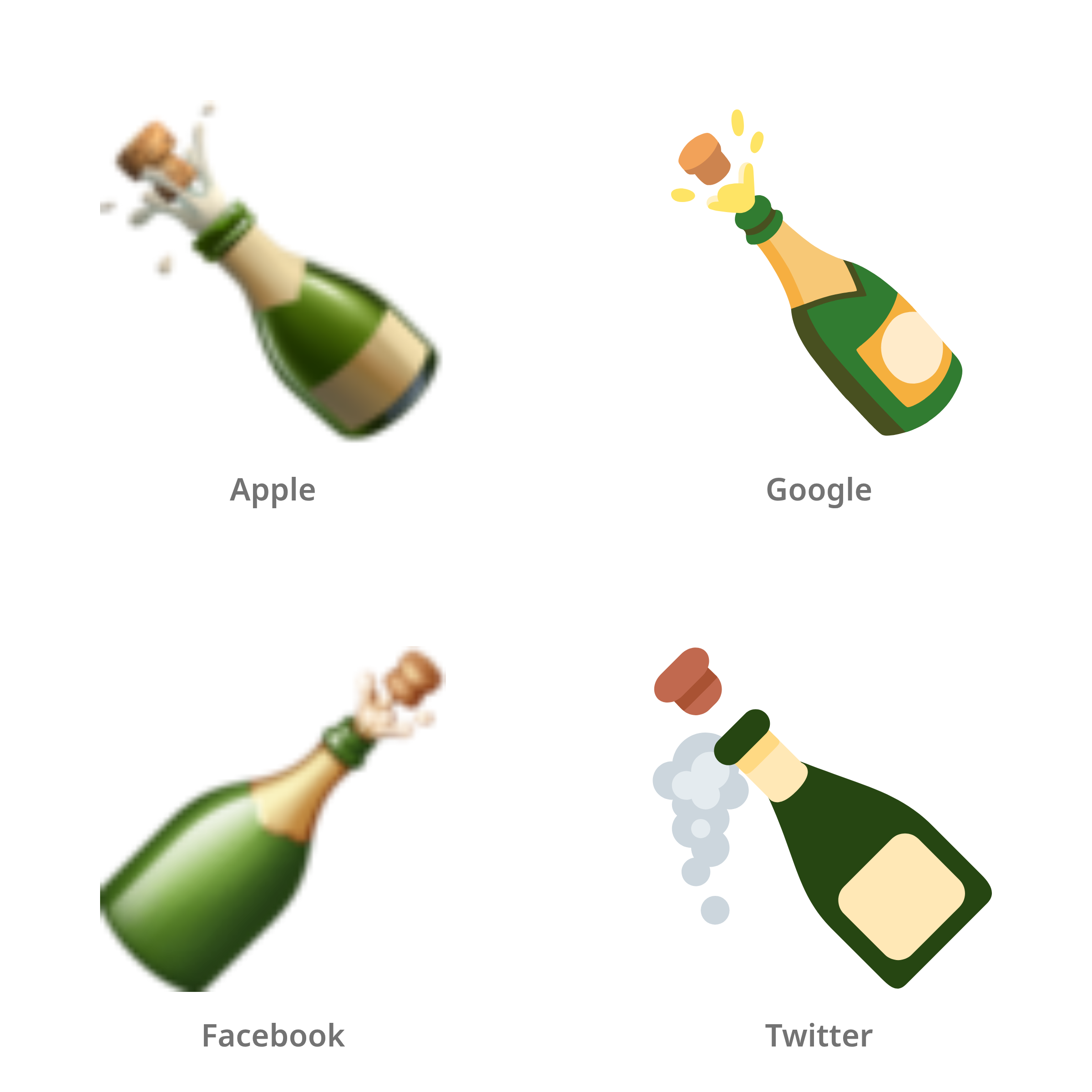 De emoji fles met knallende kurk in Apple-, Google-, Facebook- en Twitter-stijl