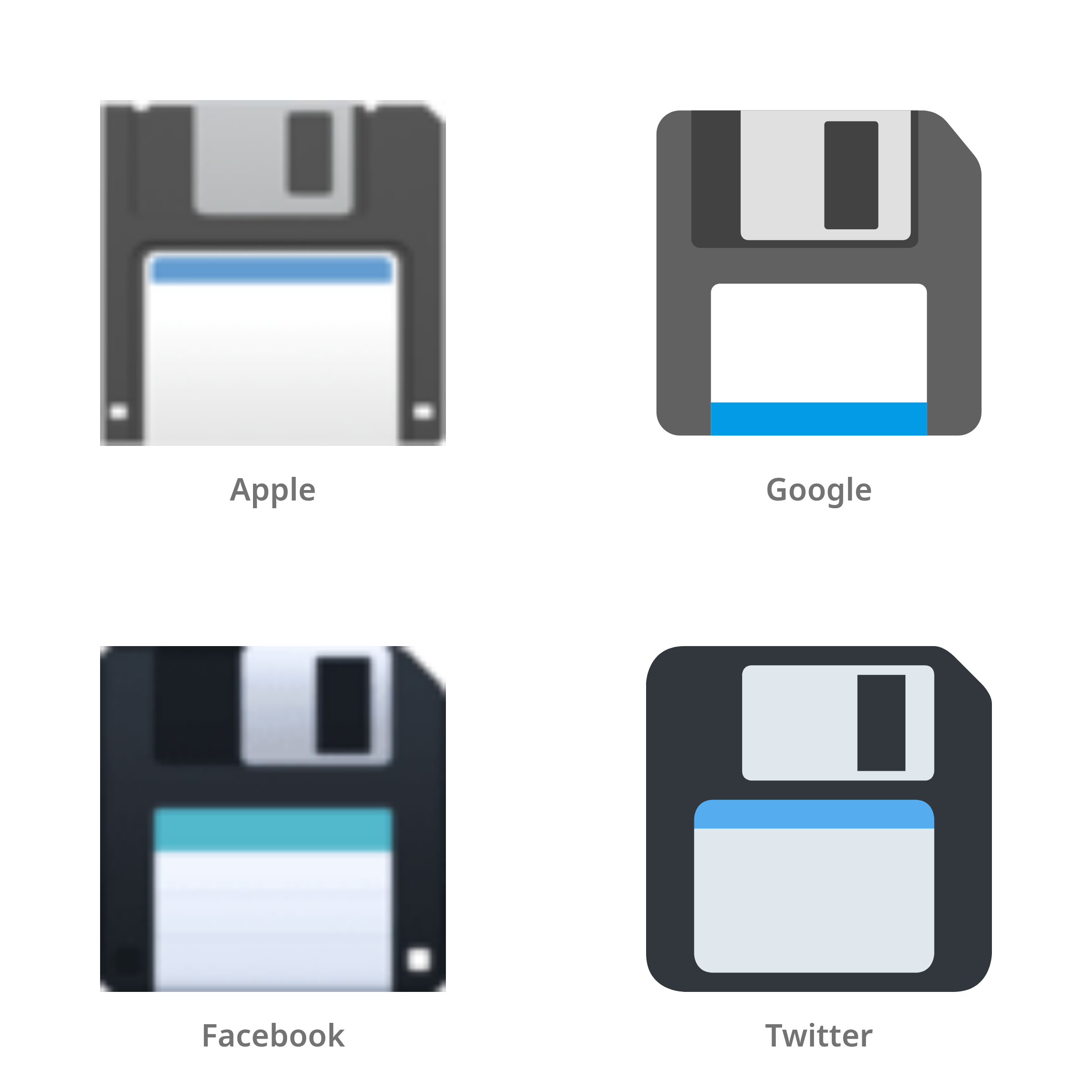 De emoji floppydisk in Apple-, Google-, Facebook- en Twitter-stijl