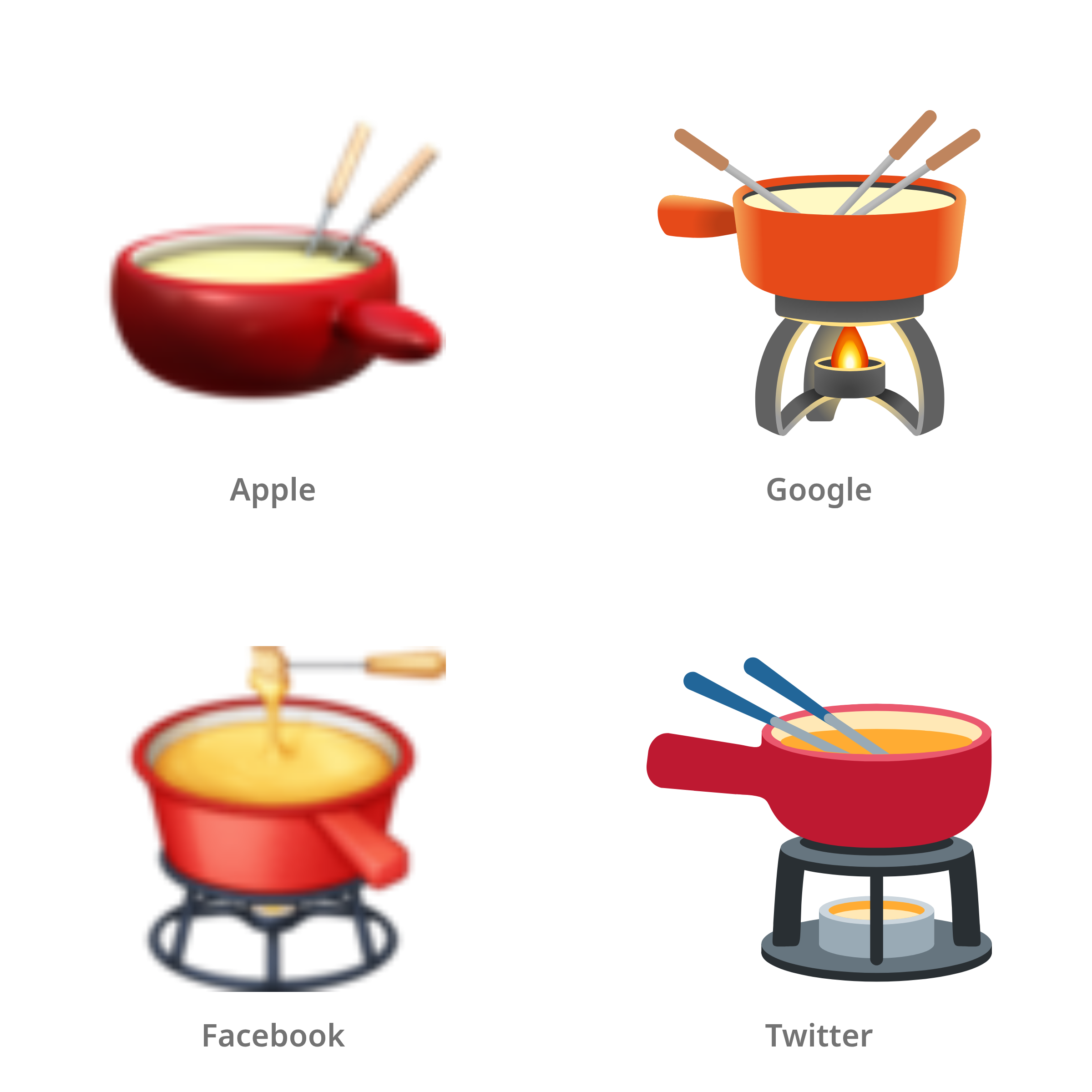 De emoji fondue in Apple-, Google-, Facebook- en Twitter-stijl