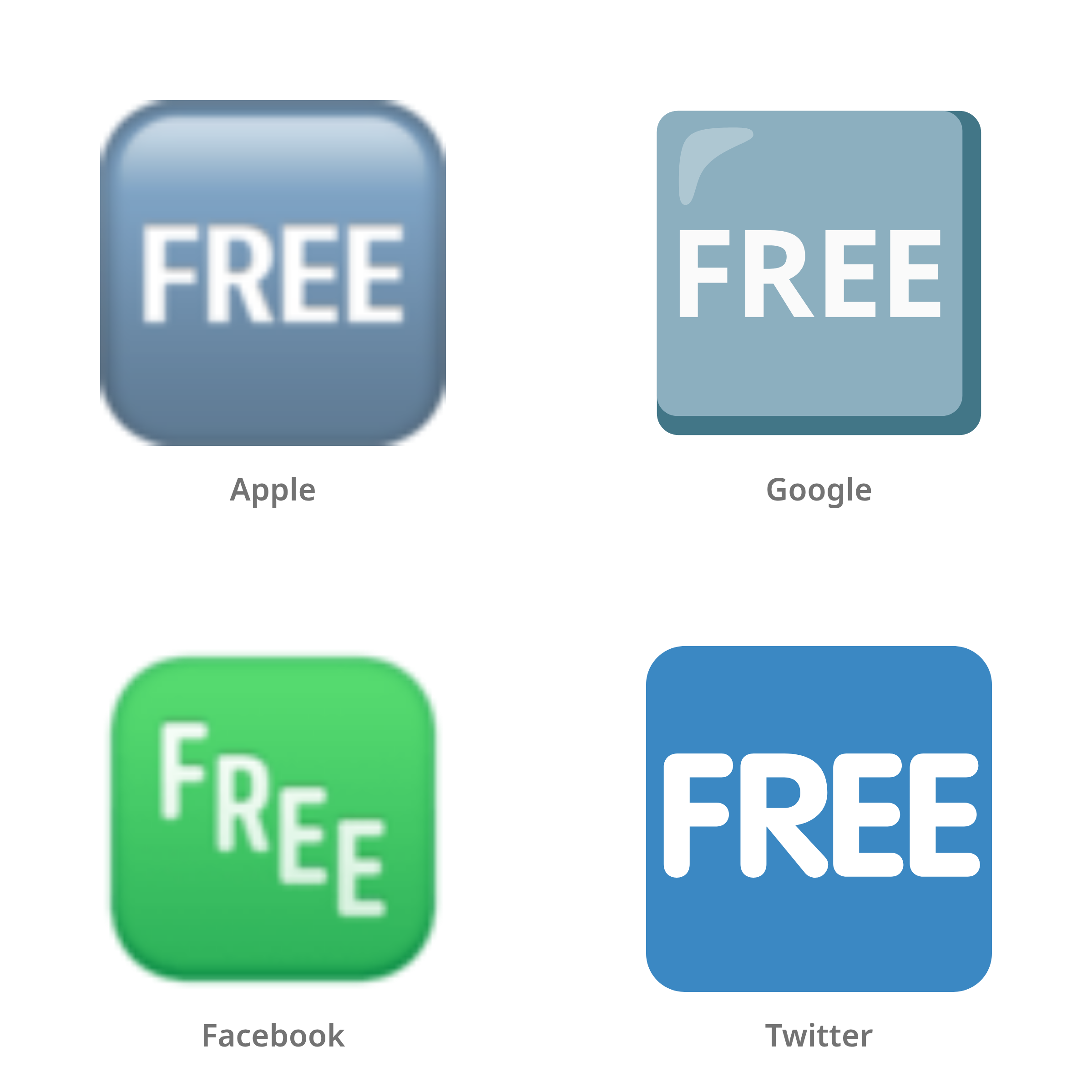 De emoji FREE-knop in Apple-, Google-, Facebook- en Twitter-stijl