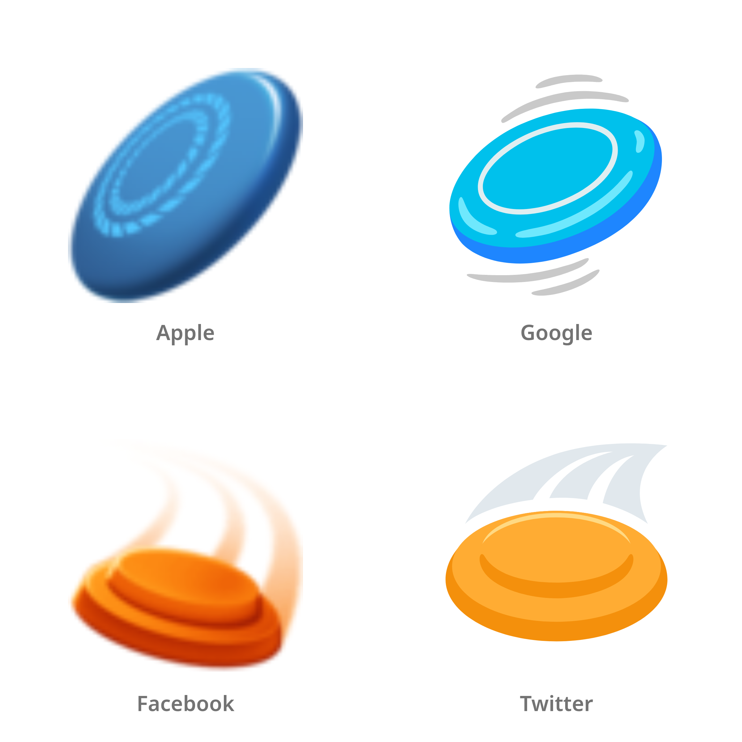 De emoji frisbee in Apple-, Google-, Facebook- en Twitter-stijl