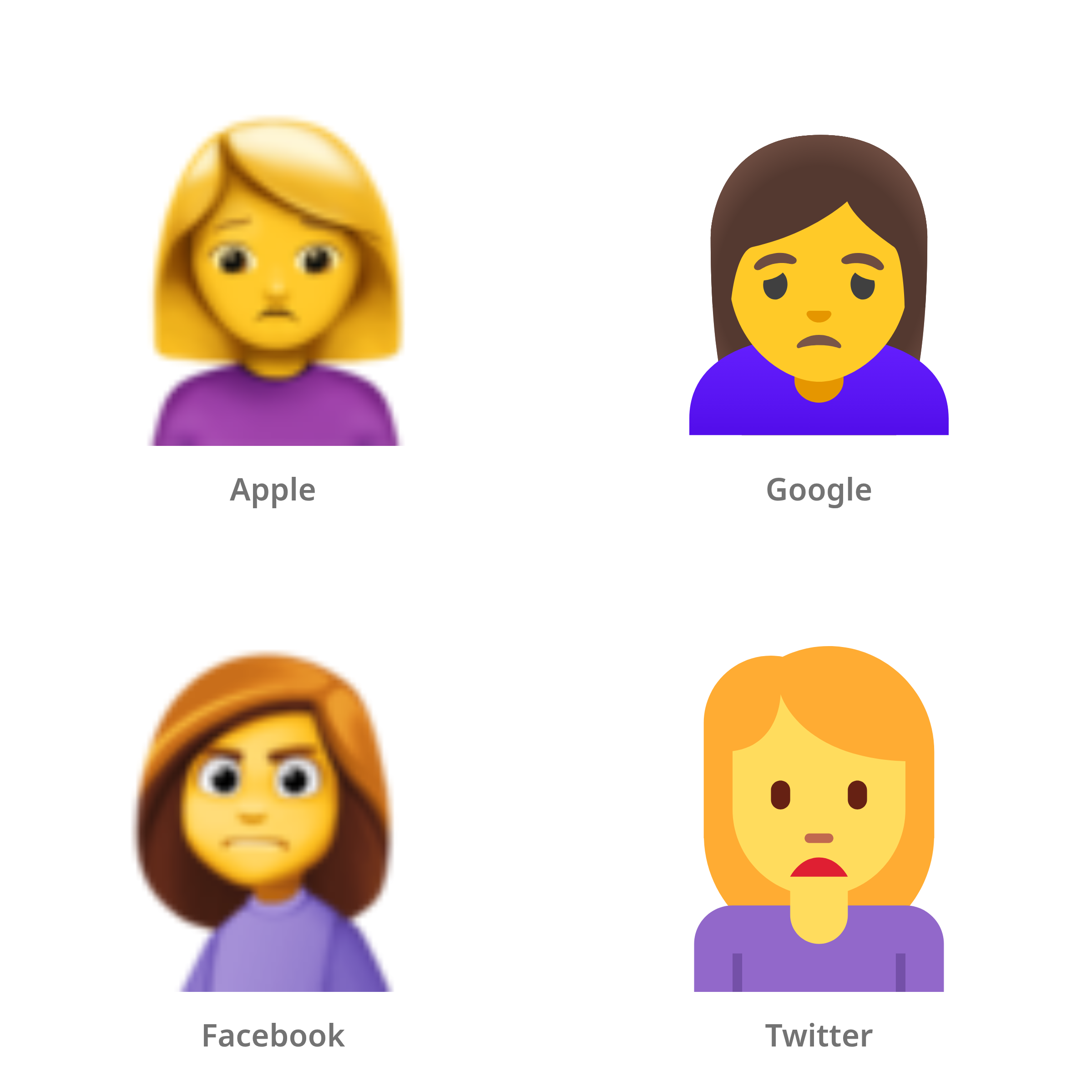 De emoji fronsende vrouw in Apple-, Google-, Facebook- en Twitter-stijl