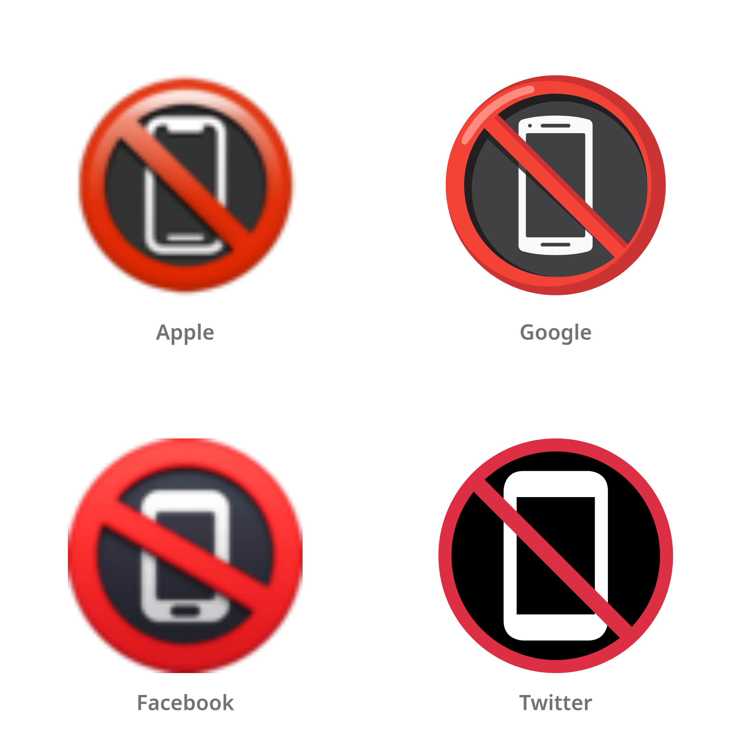 De emoji geen mobiele telefoon in Apple-, Google-, Facebook- en Twitter-stijl