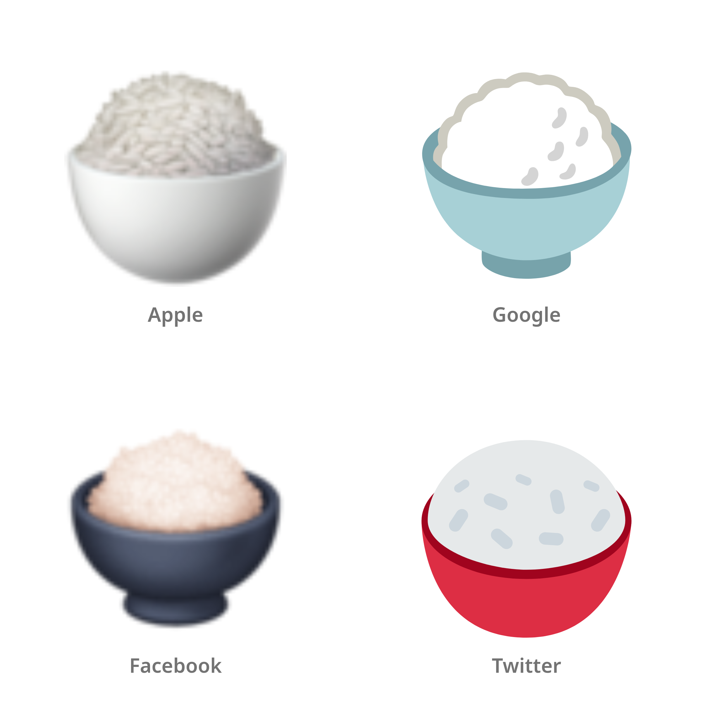 De emoji gekookte rijst in Apple-, Google-, Facebook- en Twitter-stijl