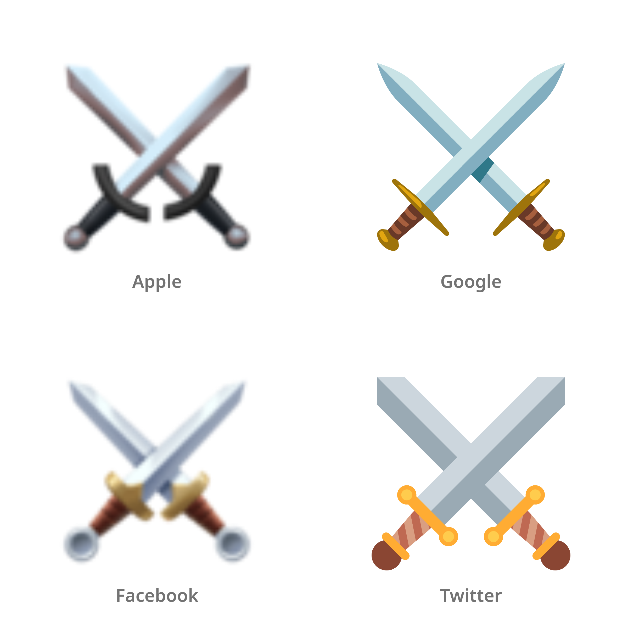 De emoji gekruiste zwaarden in Apple-, Google-, Facebook- en Twitter-stijl
