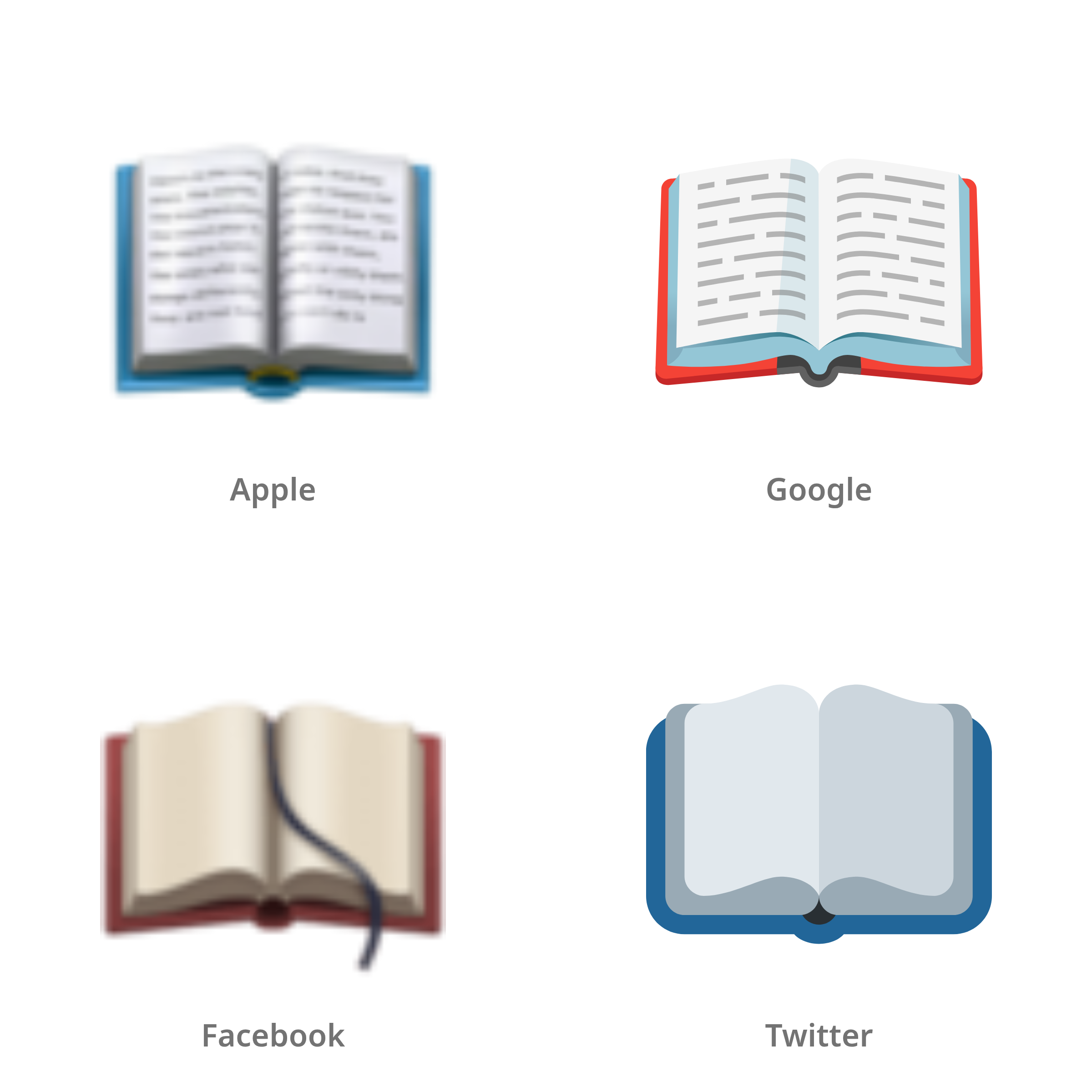 De emoji geopend boek in Apple-, Google-, Facebook- en Twitter-stijl