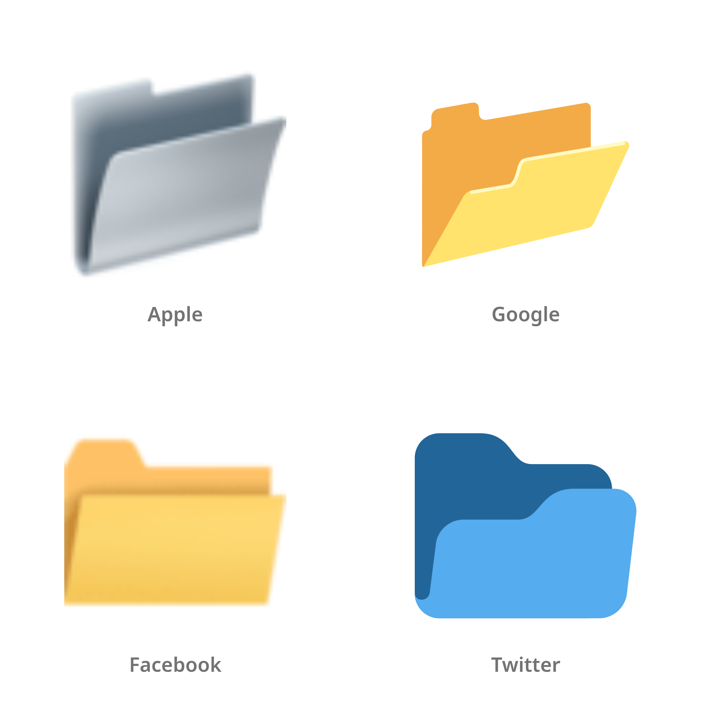 De emoji geopende map in Apple-, Google-, Facebook- en Twitter-stijl