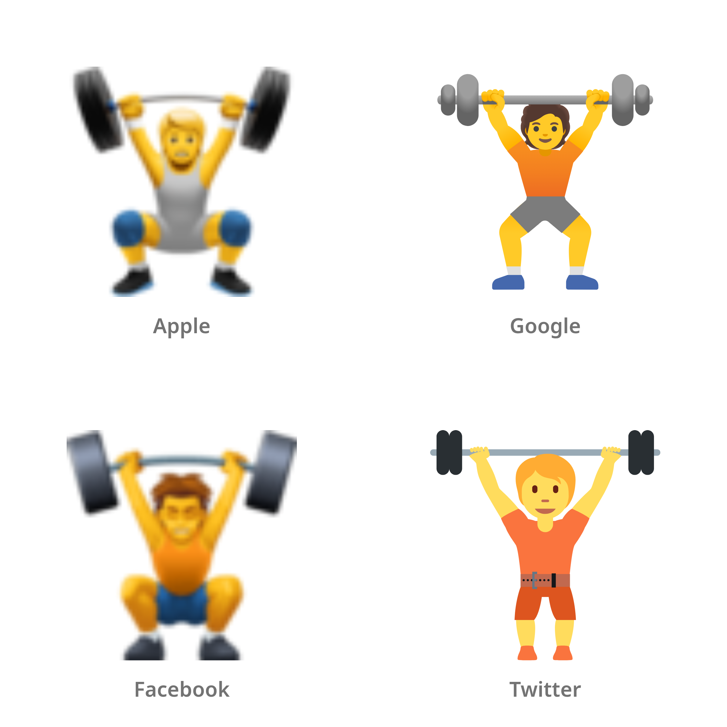 De emoji gewichtheffer in Apple-, Google-, Facebook- en Twitter-stijl