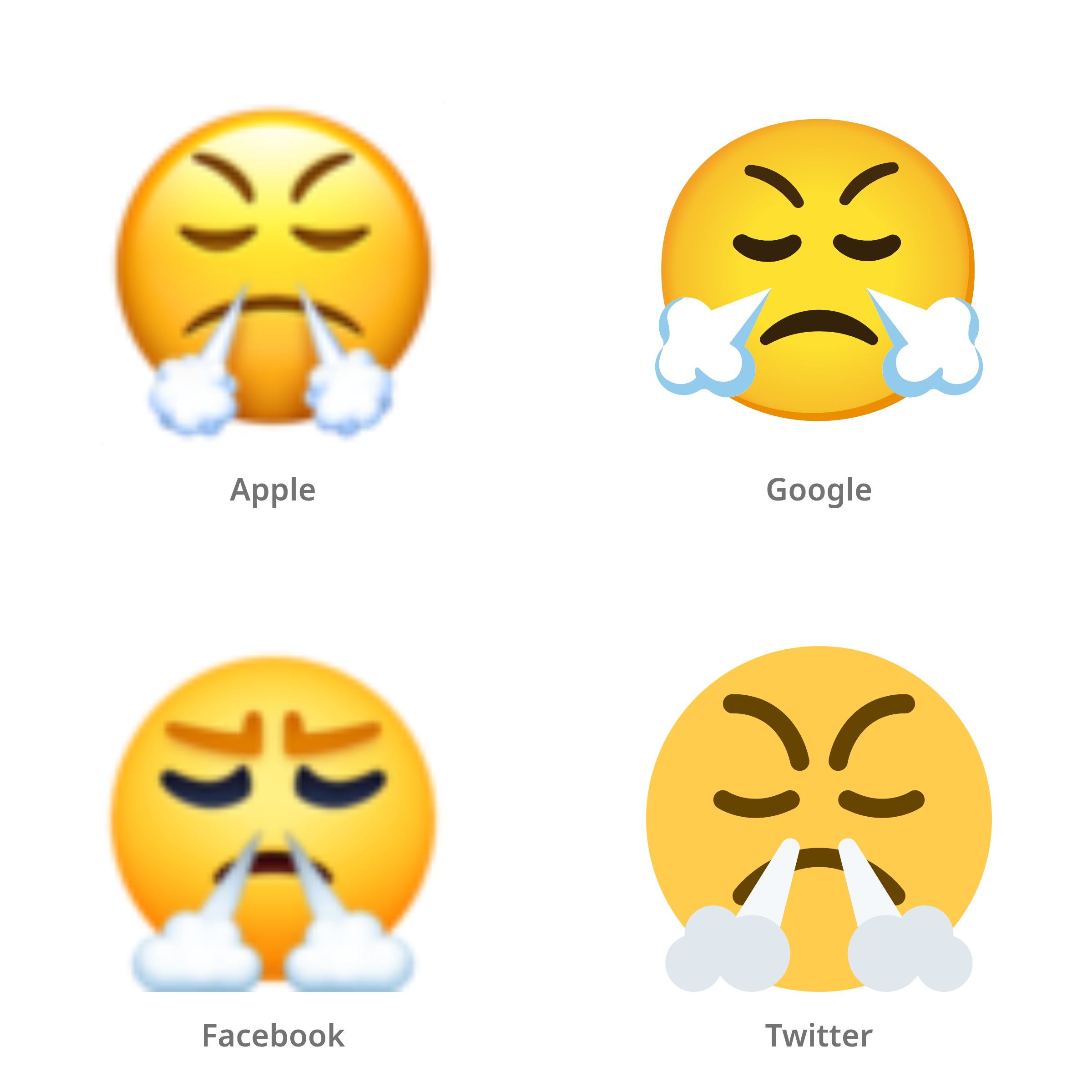 De emoji gezicht blazend van woede in Apple-, Google-, Facebook- en Twitter-stijl