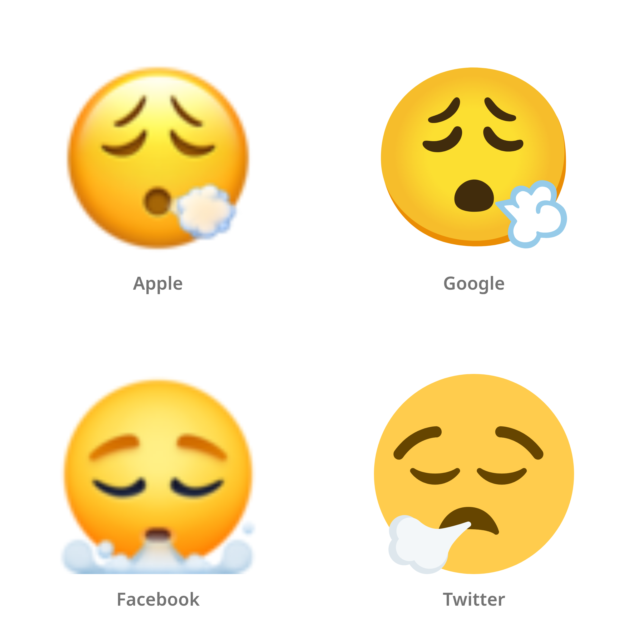 De emoji gezicht dat uitademt in Apple-, Google-, Facebook- en Twitter-stijl