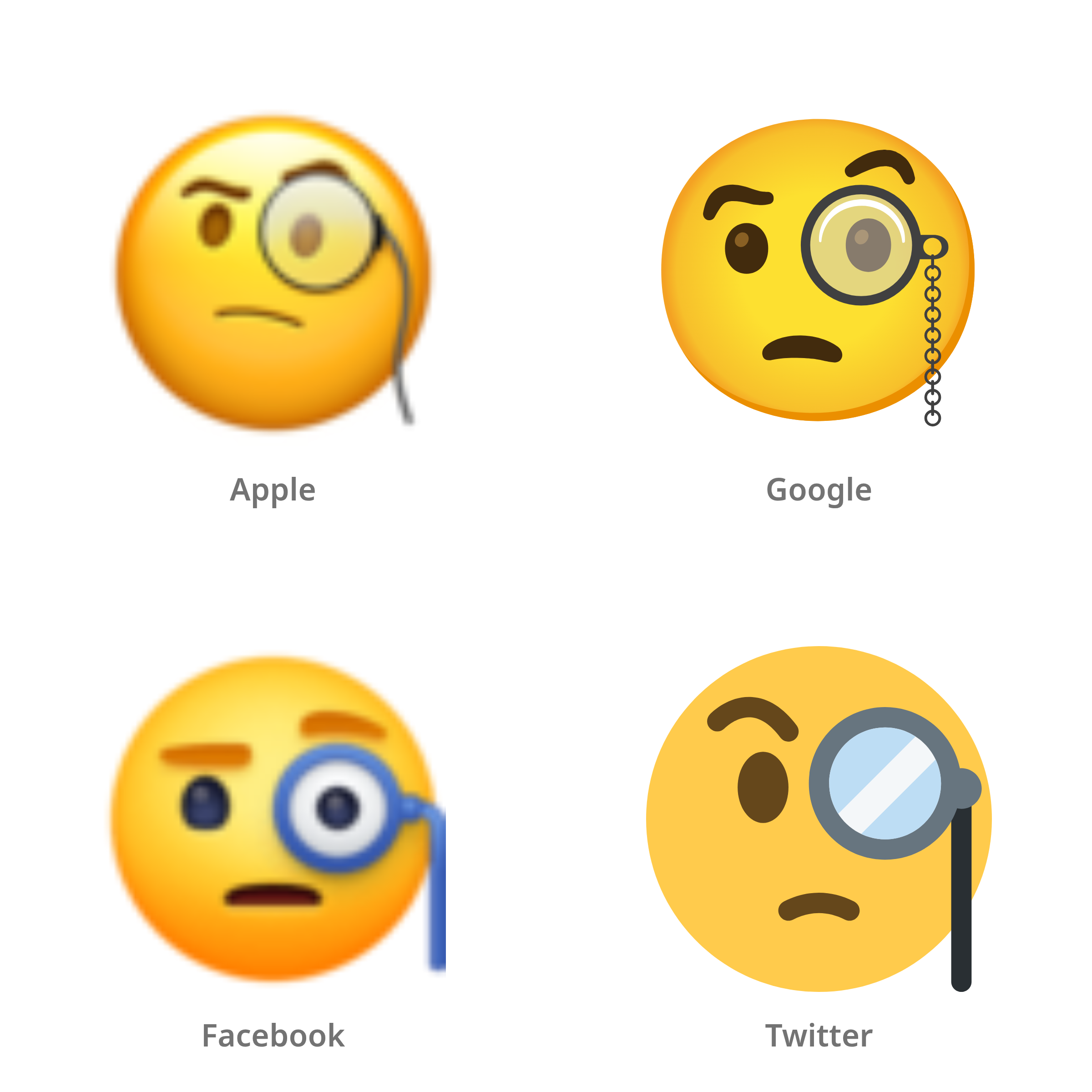 De emoji gezicht met monocle in Apple-, Google-, Facebook- en Twitter-stijl