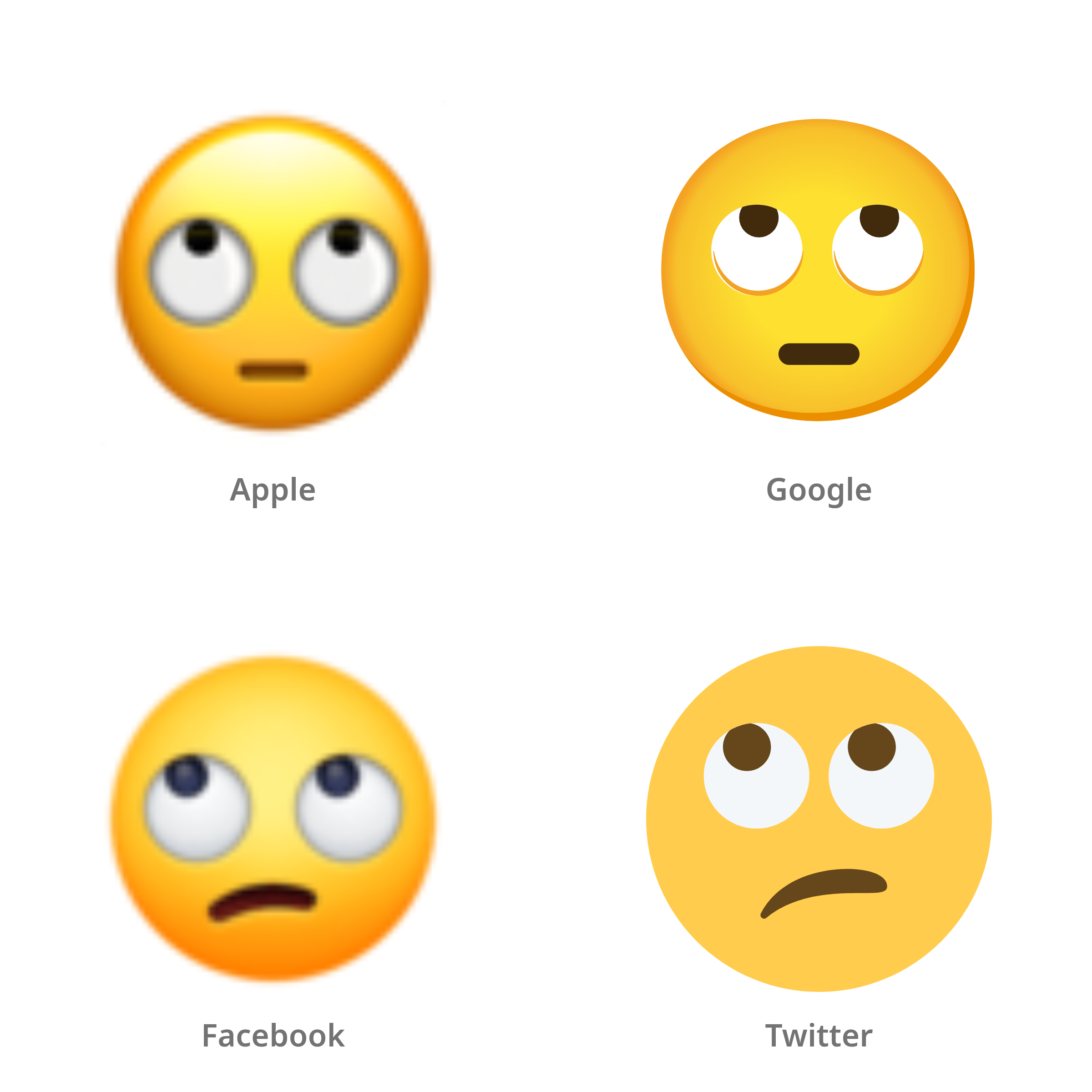 De emoji gezicht met rollende ogen in Apple-, Google-, Facebook- en Twitter-stijl