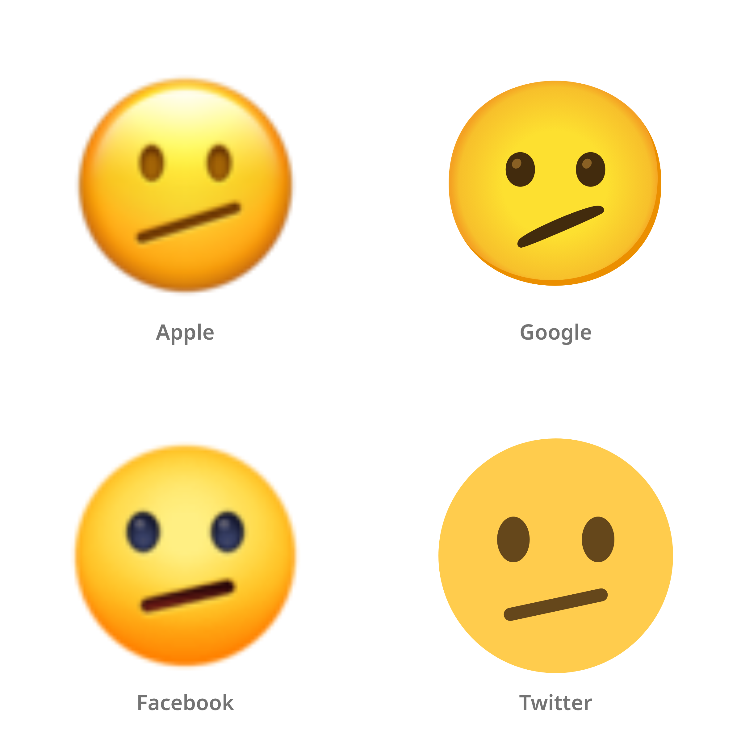 De emoji gezicht met schuine mond in Apple-, Google-, Facebook- en Twitter-stijl
